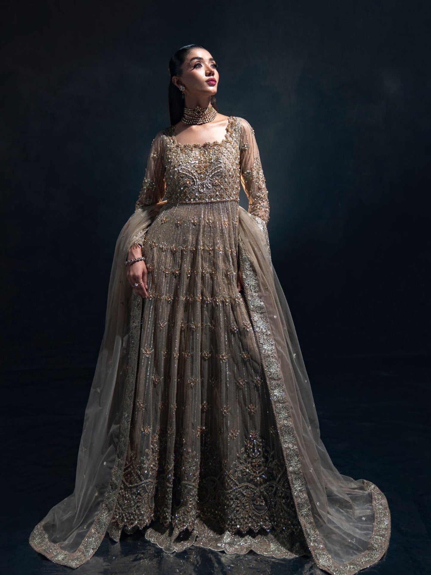 Brown Enzo Reve Dore Net Embellished Unstitched Lehnga Set-Aurora