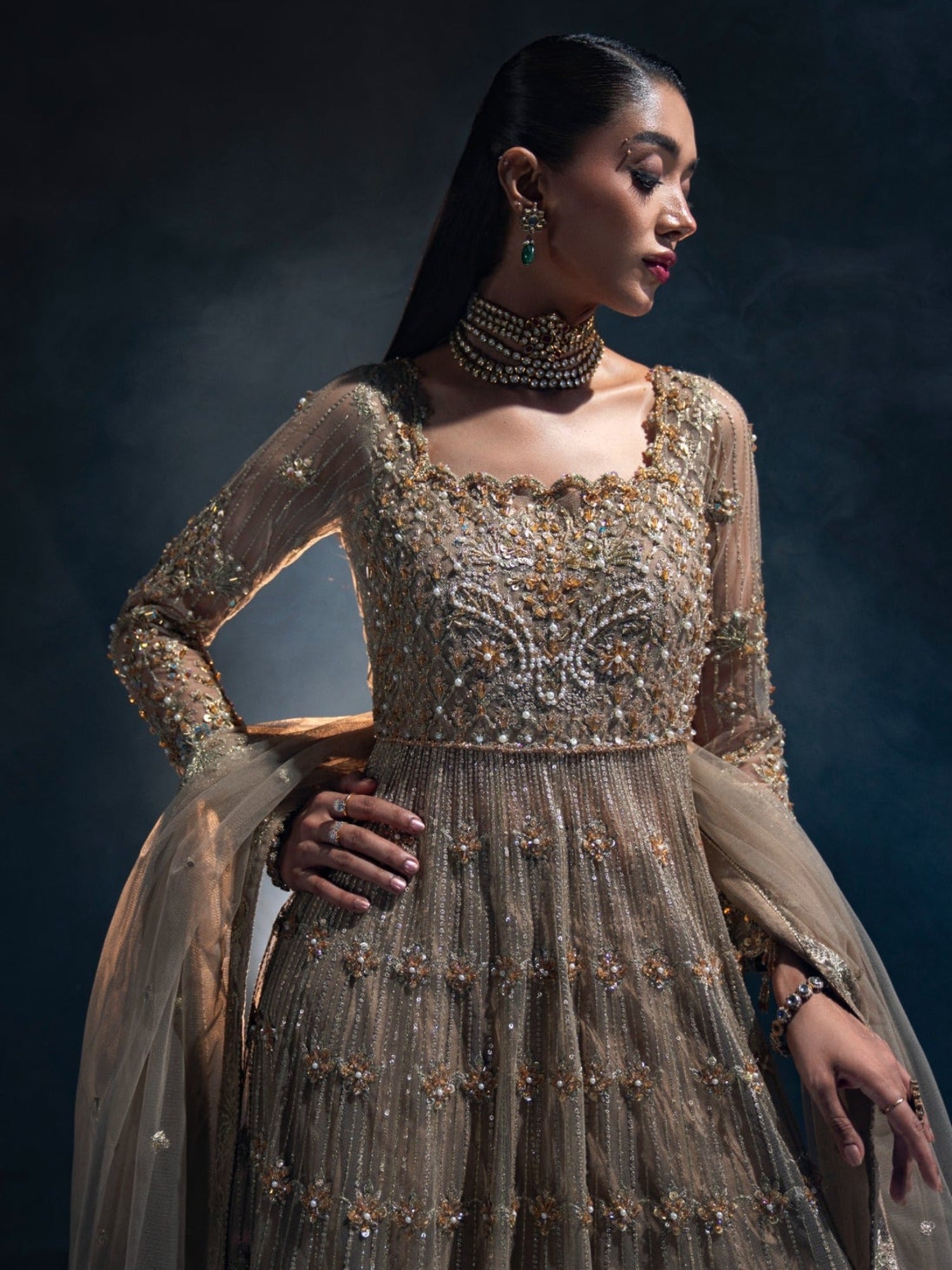 Brown Enzo Reve Dore Net Embellished Unstitched Lehnga Set-Aurora