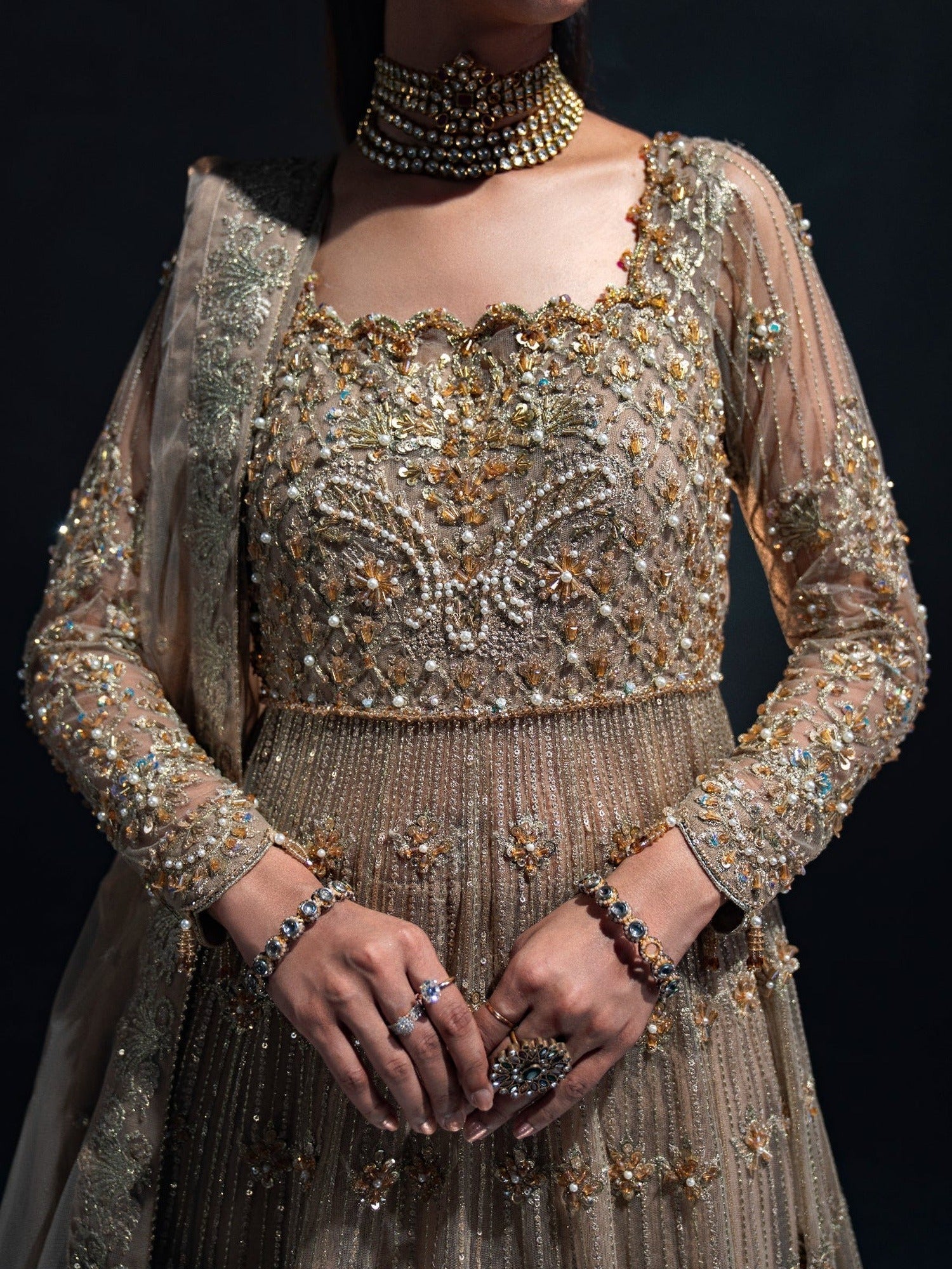 Brown Enzo Reve Dore Net Embellished Unstitched Lehnga Set-Aurora