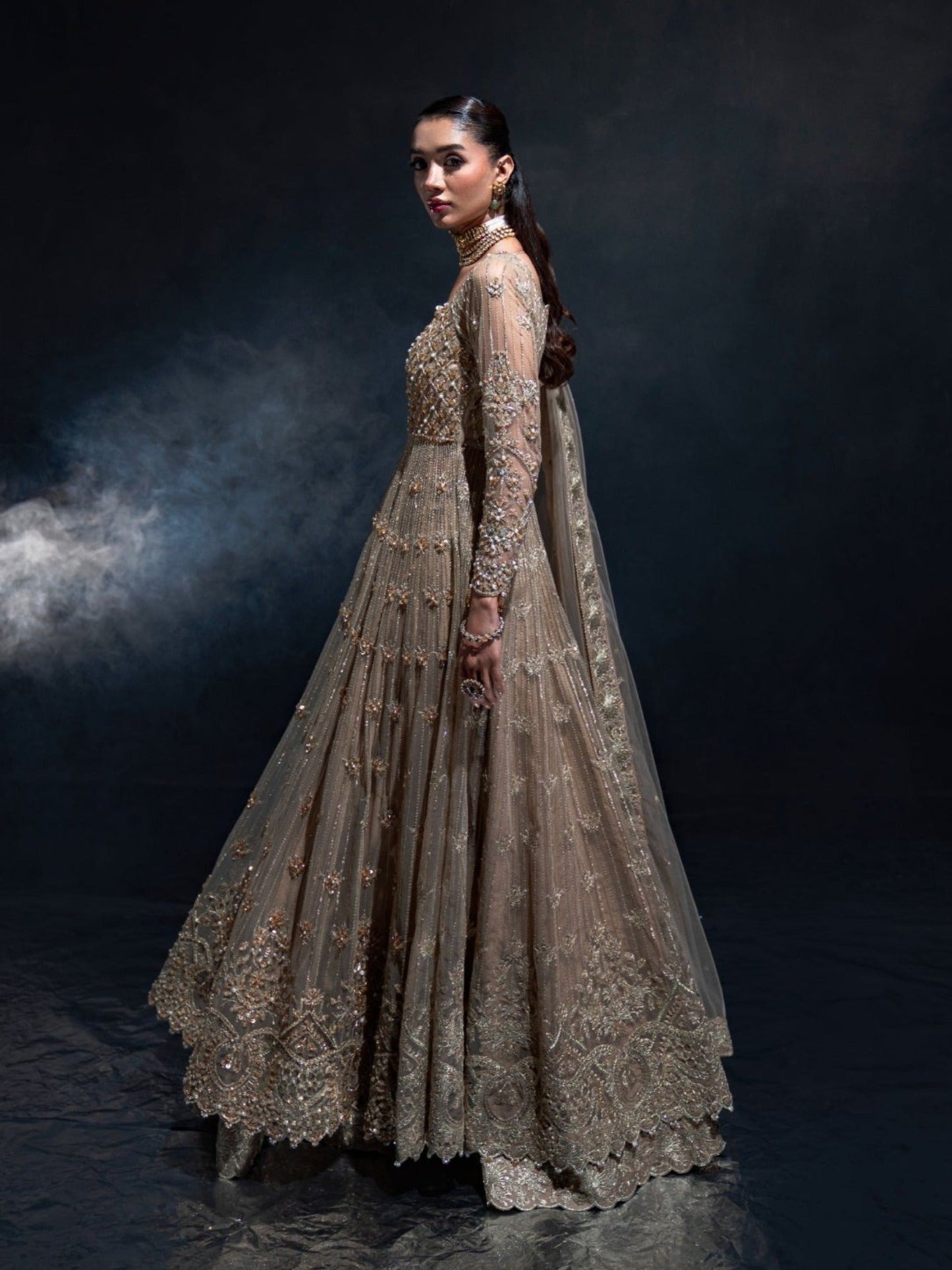 Brown Enzo Reve Dore Net Embellished Unstitched Lehnga Set-Aurora