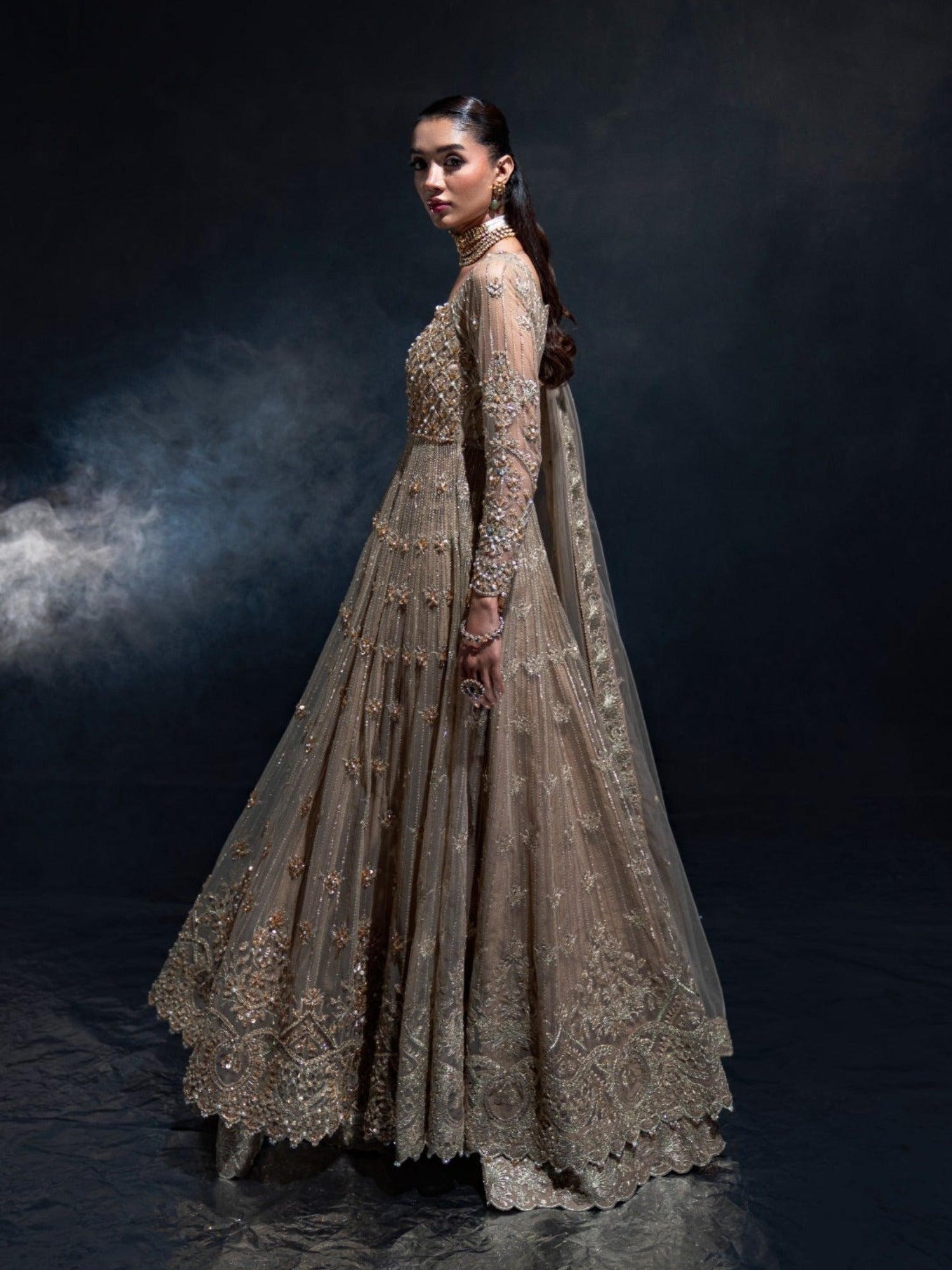 Brown Enzo Reve Dore Net Embellished Unstitched Lehnga Set-Aurora