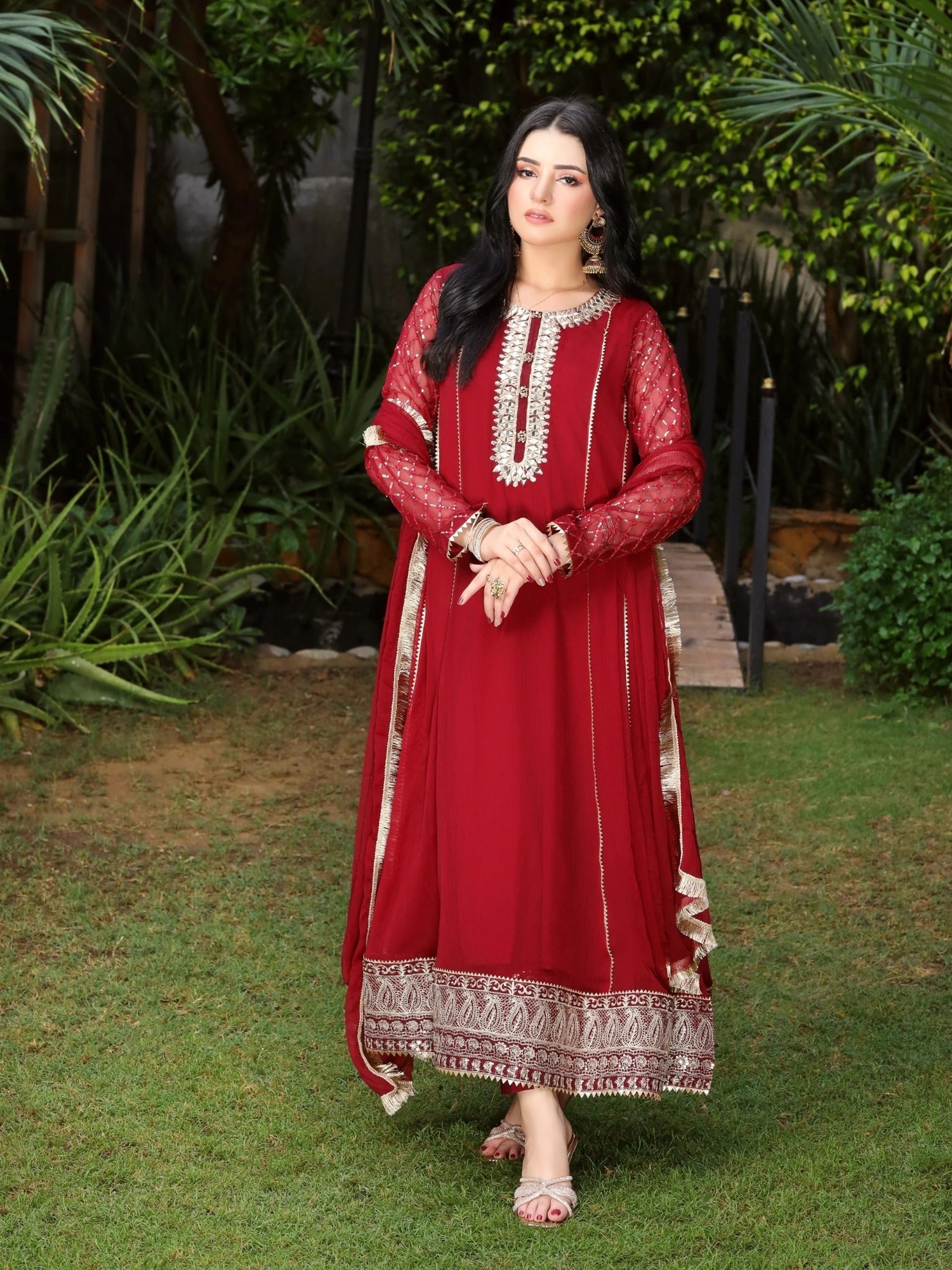 Manahil Arts Chiffon Embellished Stitched 3-Piece Suit-Kurti 123-Maroon