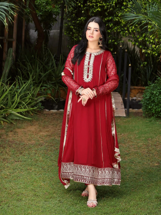 Manahil Arts Chiffon Embellished Stitched 3-Piece Suit-Kurti 123-Maroon