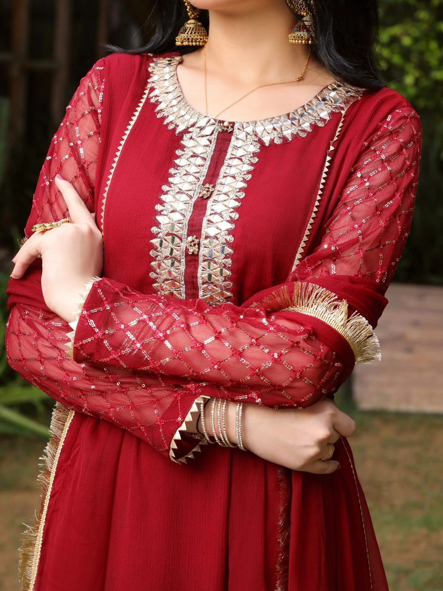 Manahil Arts Chiffon Embellished Stitched 3-Piece Suit-Kurti 123-Maroon