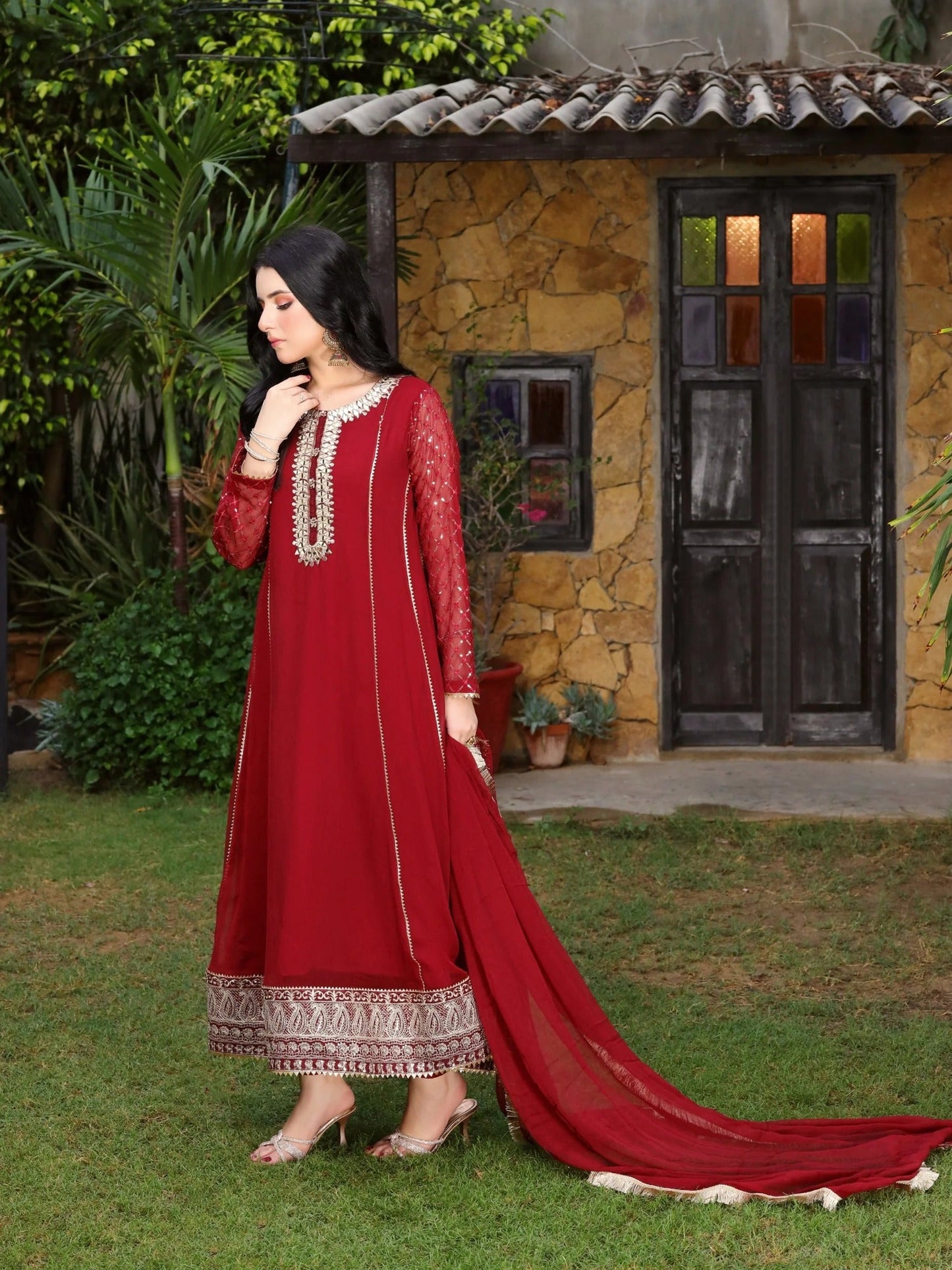 Manahil Arts Chiffon Embellished Stitched 3-Piece Suit-Kurti 123-Maroon