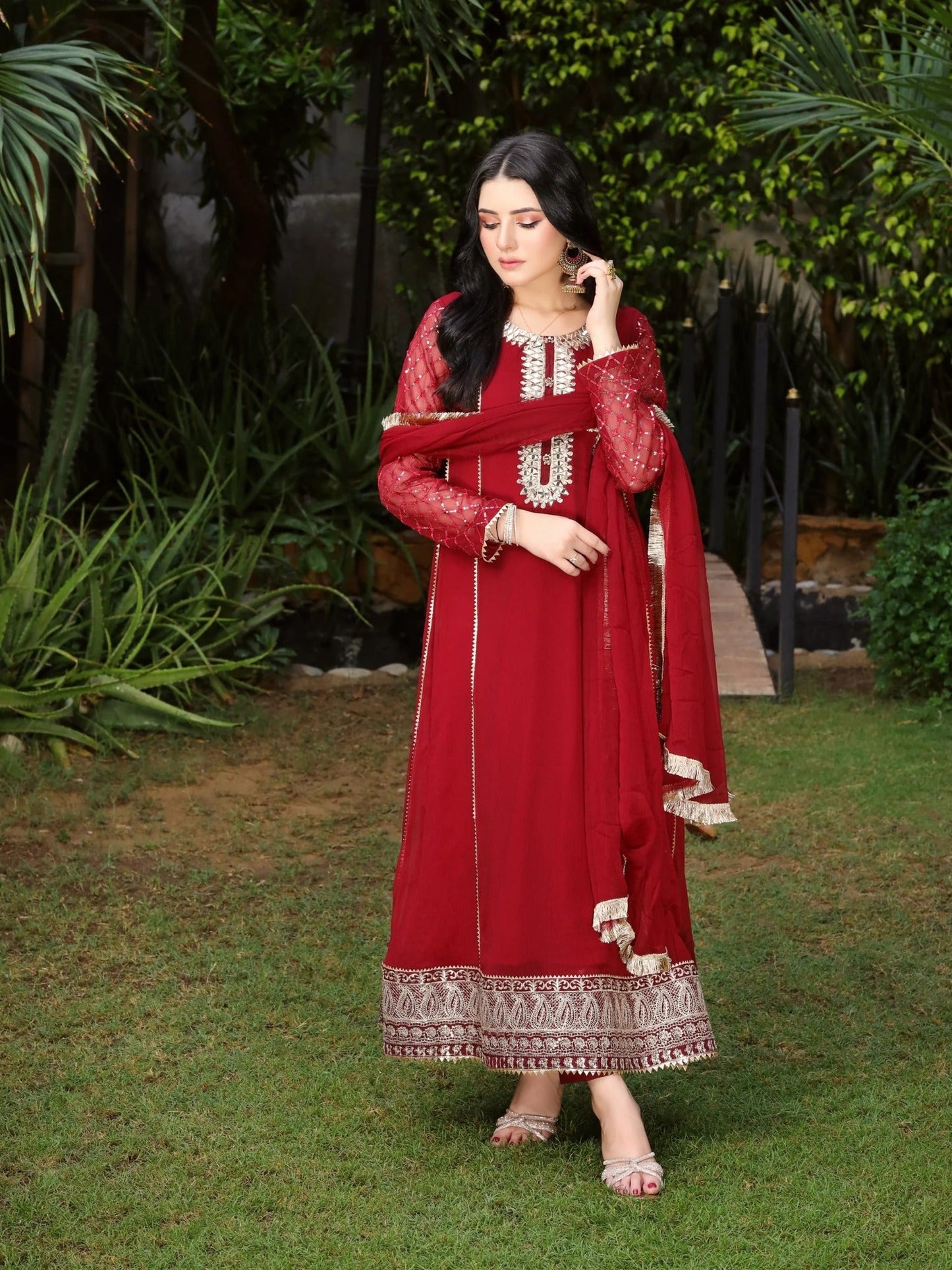 Manahil Arts Chiffon Embellished Stitched 3-Piece Suit-Kurti 123-Maroon