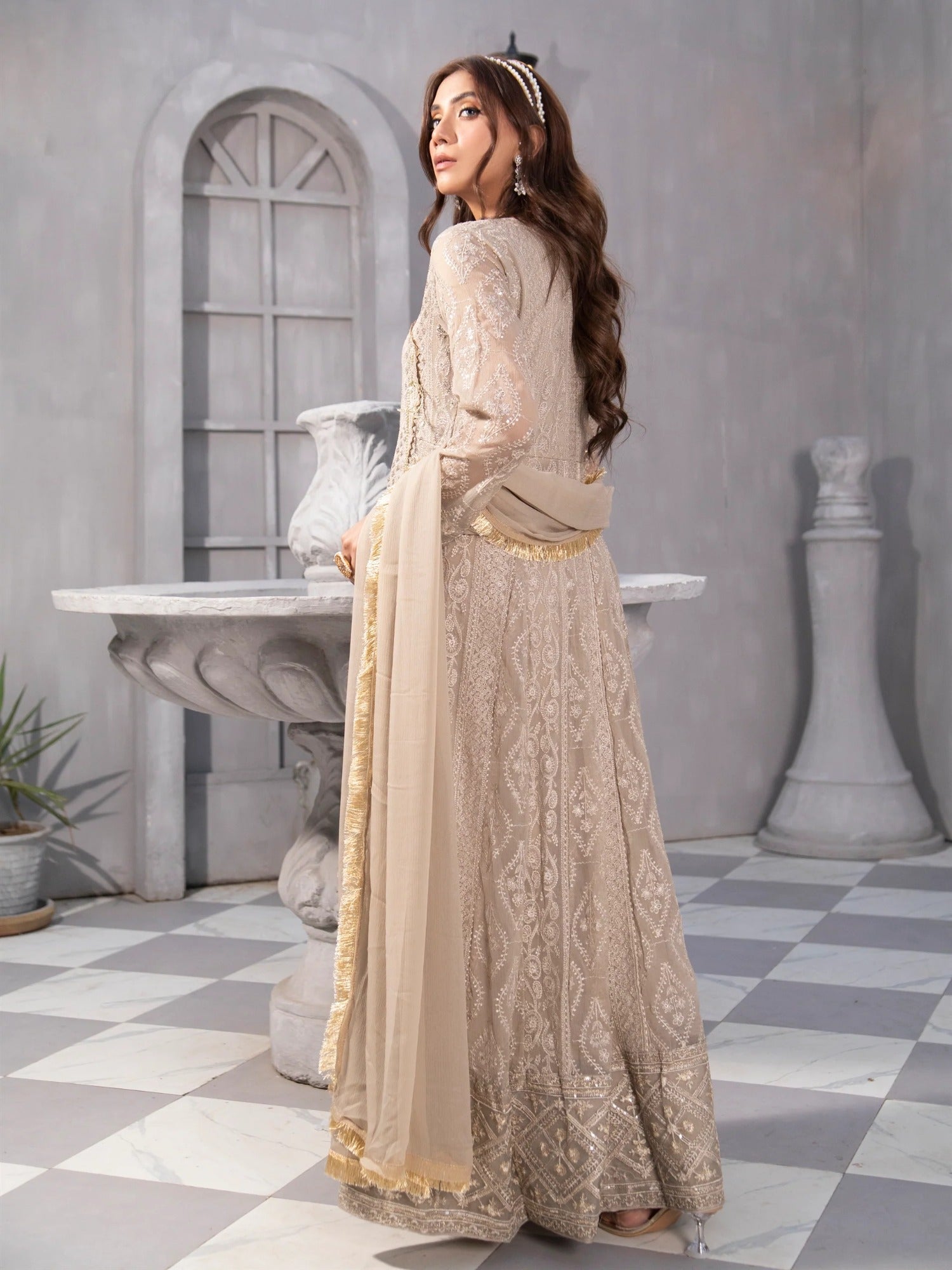 Manahil Arts Chiffon Embroidered Stitched 3-Piece Suit-Kurti 099-Sand Oasis