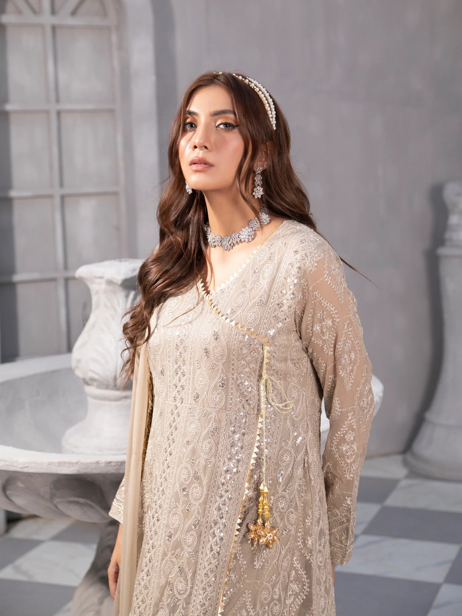 Manahil Arts Chiffon Embroidered Stitched 3-Piece Suit-Kurti 099-Sand Oasis