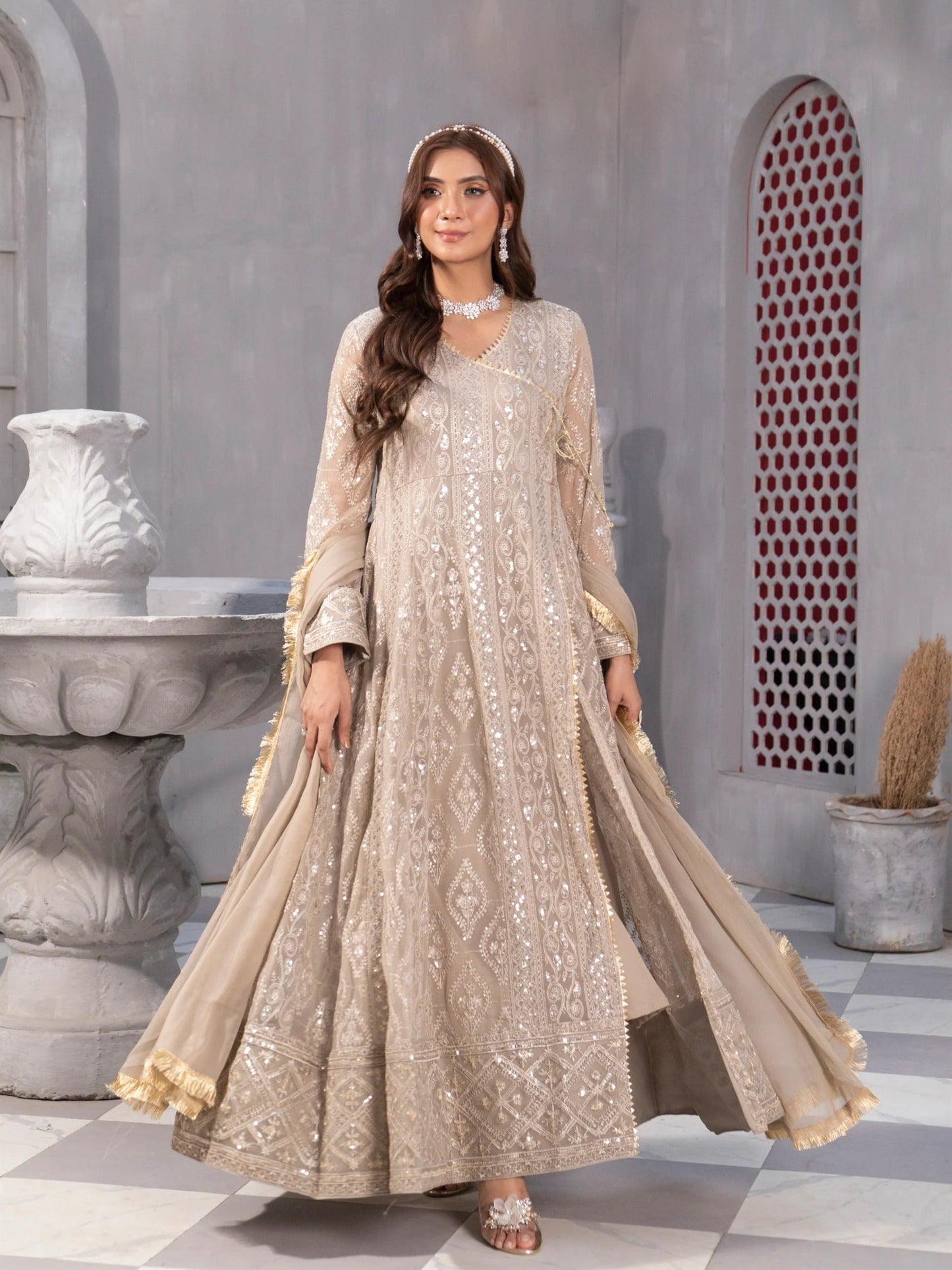 Manahil Arts Chiffon Embroidered Stitched 3-Piece Suit-Kurti 099-Sand Oasis