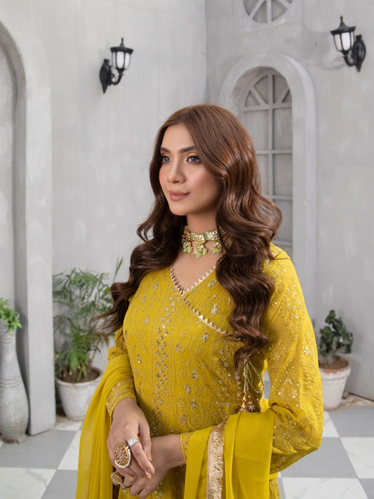 Manahil Arts Chiffon Embroidered Stitched 3-Piece Suit-Kurti 099-Mustard
