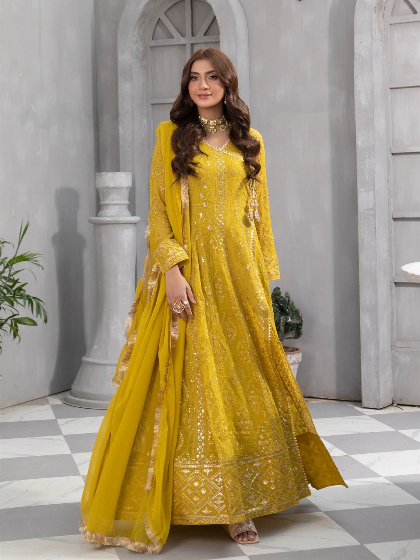 Manahil Arts Chiffon Embroidered Stitched 3-Piece Suit-Kurti 099-Mustard