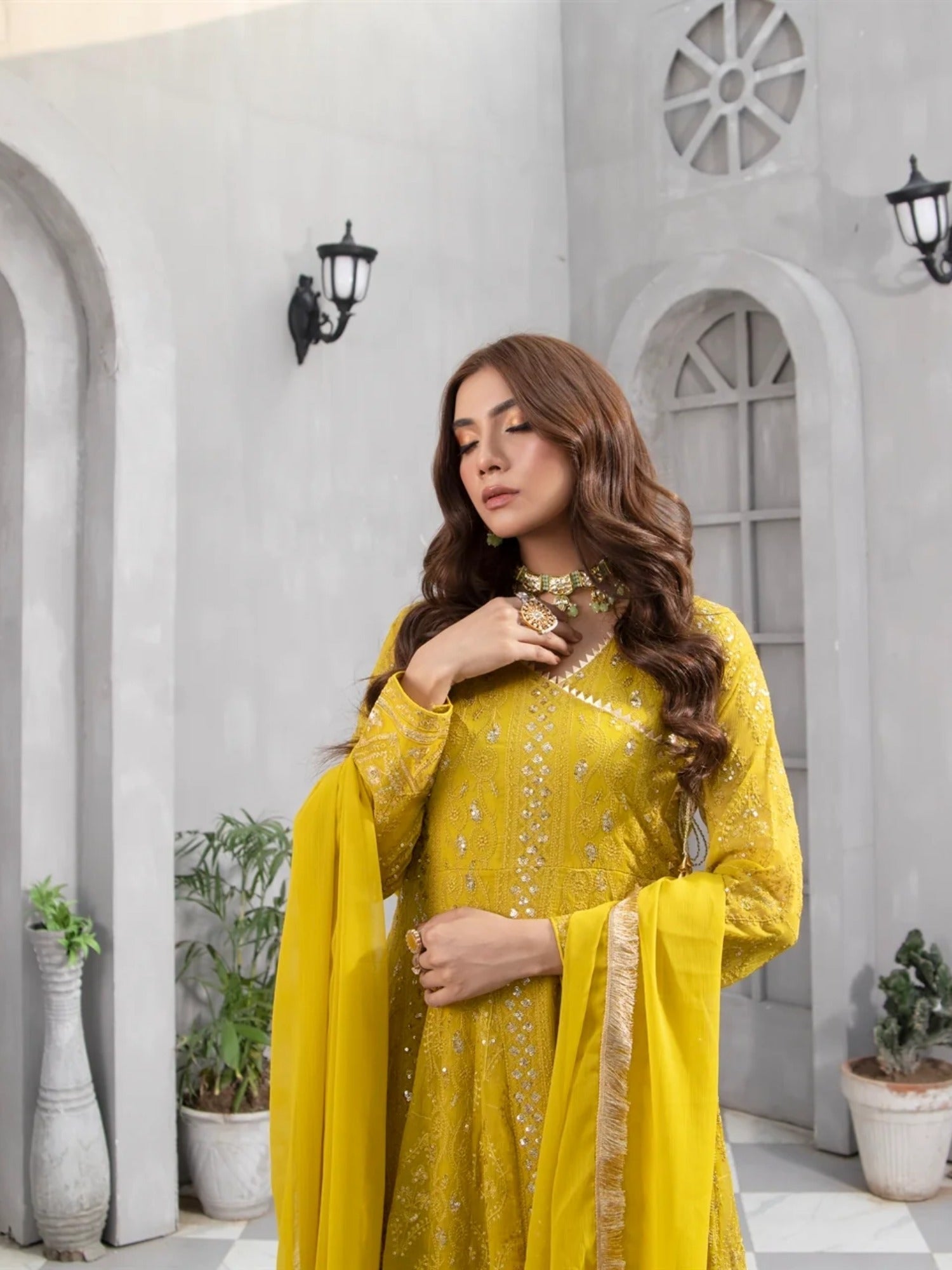 Manahil Arts Chiffon Embroidered Stitched 3-Piece Suit-Kurti 099-Mustard
