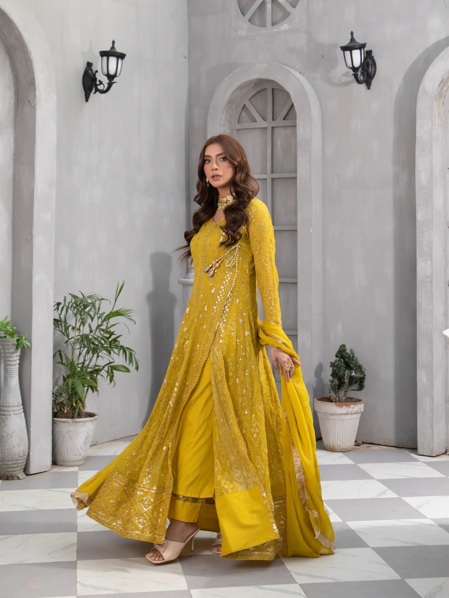 Manahil Arts Chiffon Embroidered Stitched 3-Piece Suit-Kurti 099-Mustard