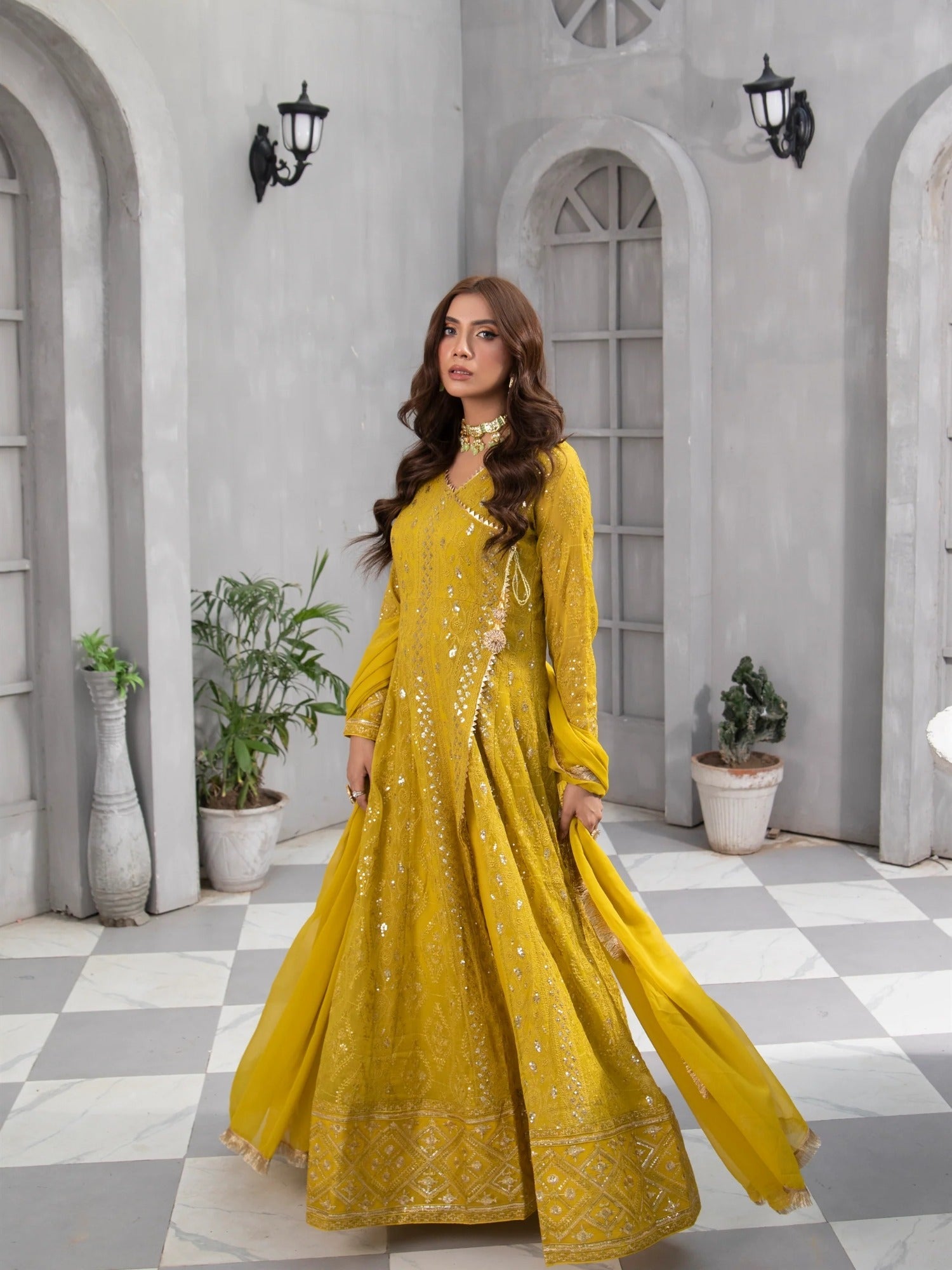 Manahil Arts Chiffon Embroidered Stitched 3-Piece Suit-Kurti 099-Mustard