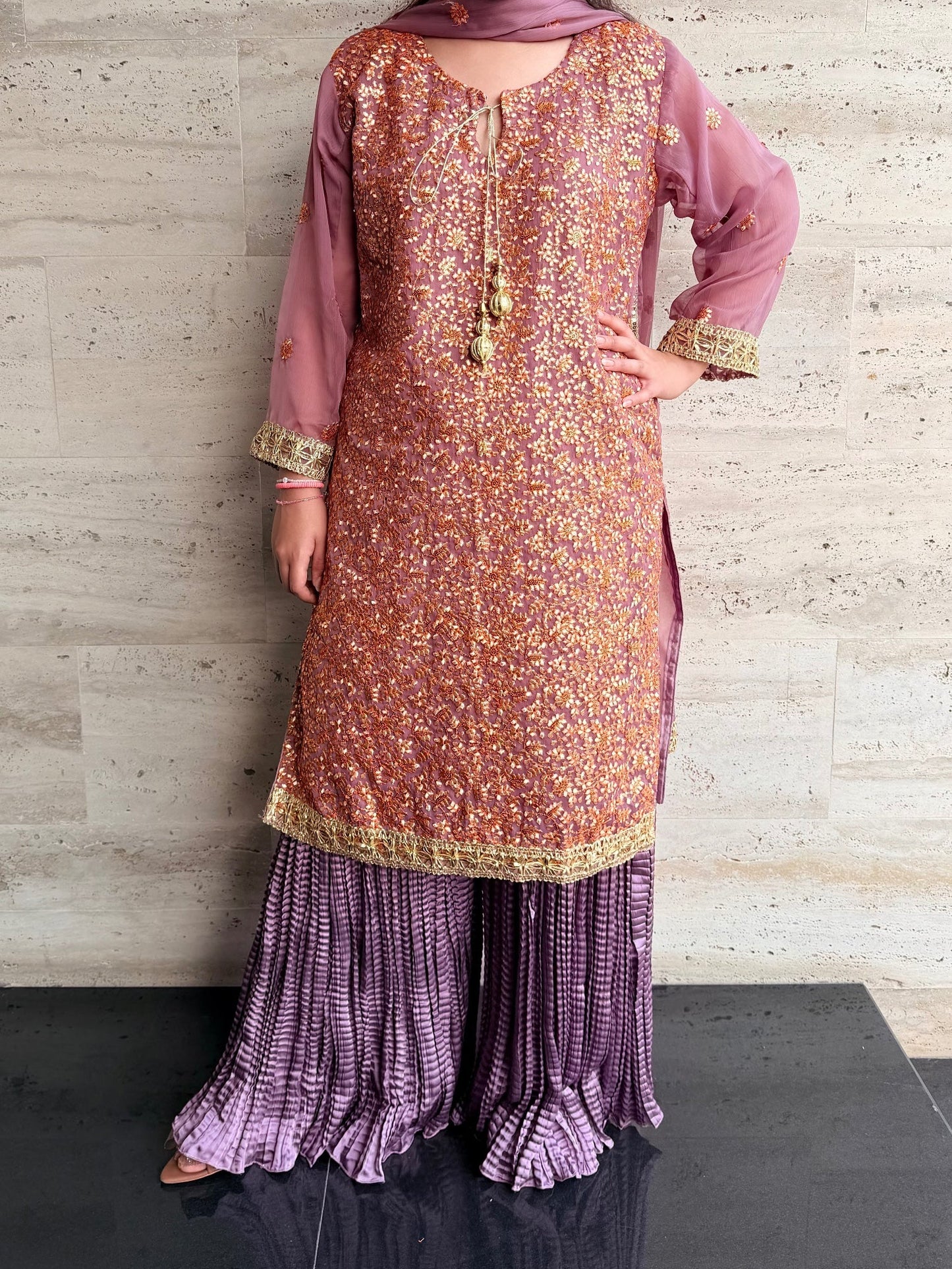 Savarna Chiffon Embroidered Sharara-Tea Pink 52