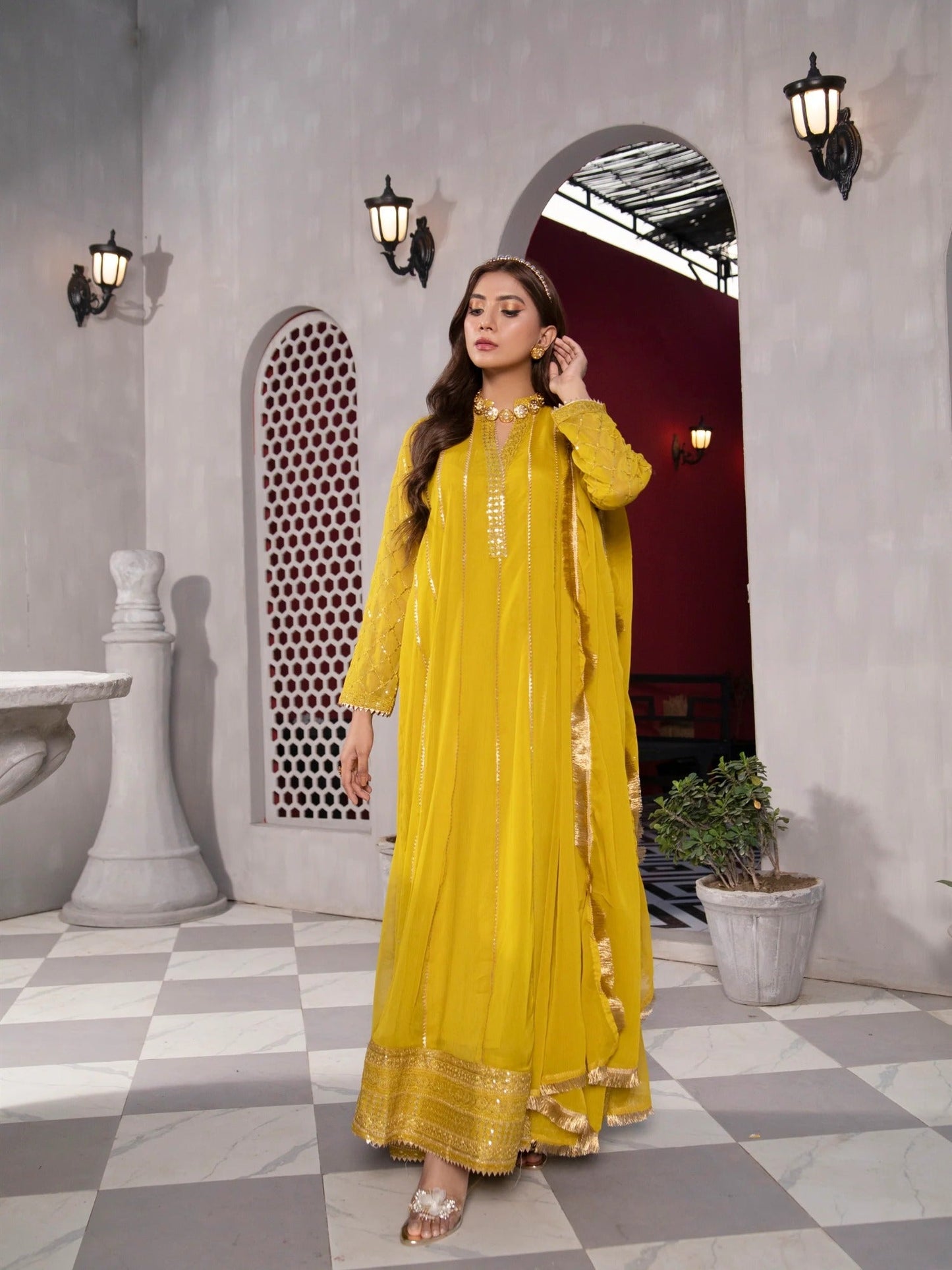 Manahil Arts Chiffon Embroidered Stitched 3-Piece Maxi-Kurti 106-Mustard