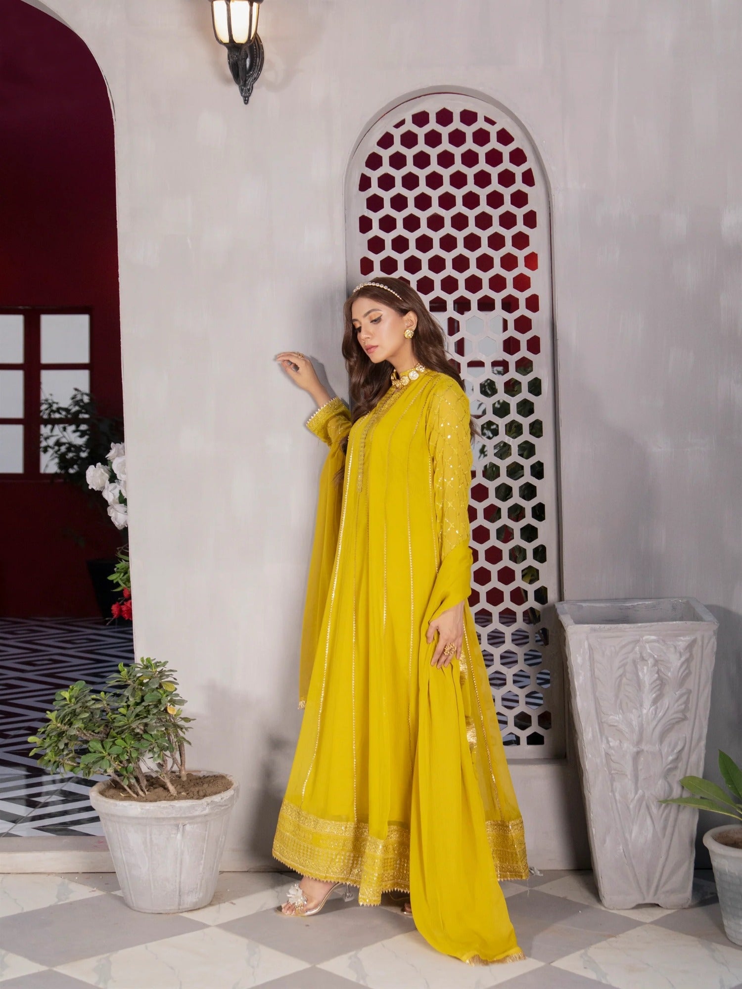 Manahil Arts Chiffon Embroidered Stitched 3-Piece Maxi-Kurti 106-Mustard