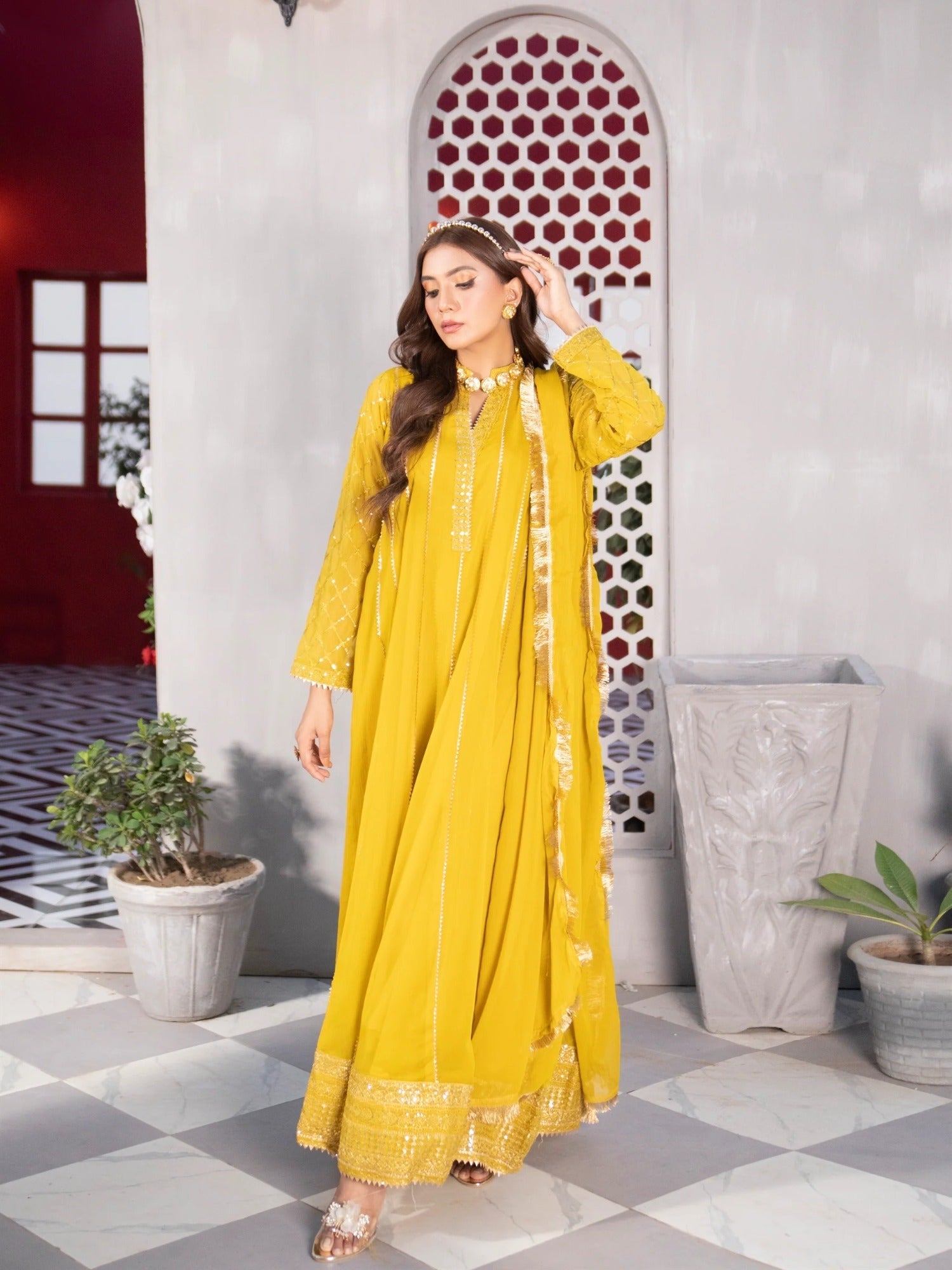 Manahil Arts Chiffon Embroidered Stitched 3-Piece Maxi-Kurti 106-Mustard