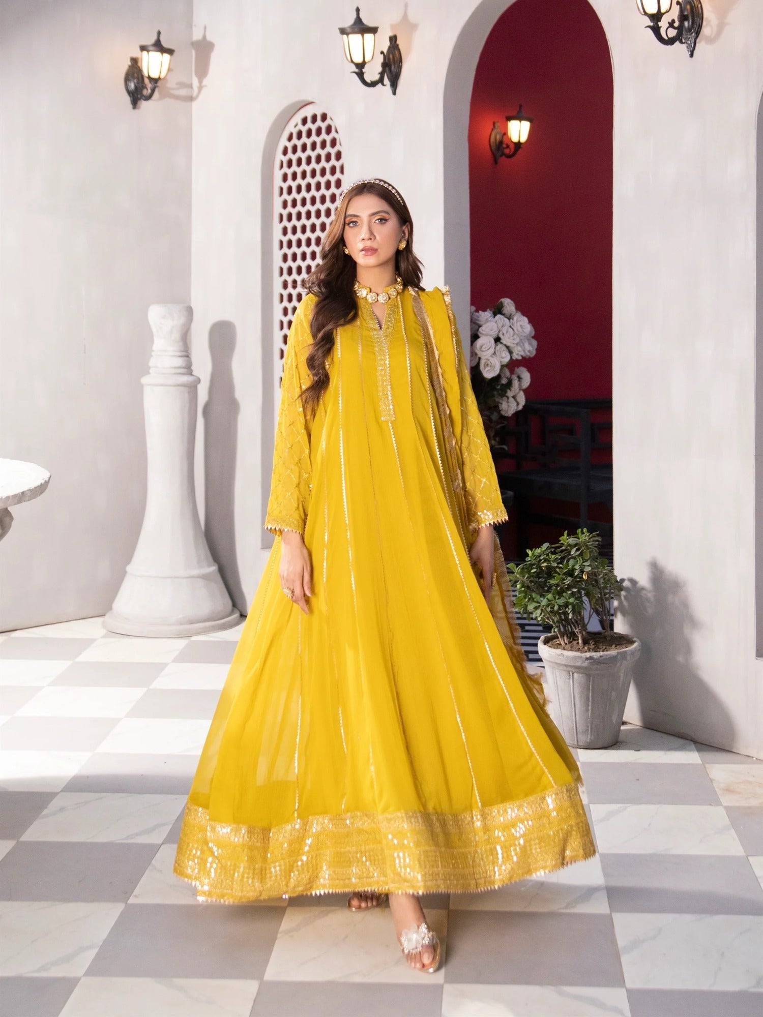 Manahil Arts Chiffon Embroidered Stitched 3-Piece Maxi-Kurti 106-Mustard