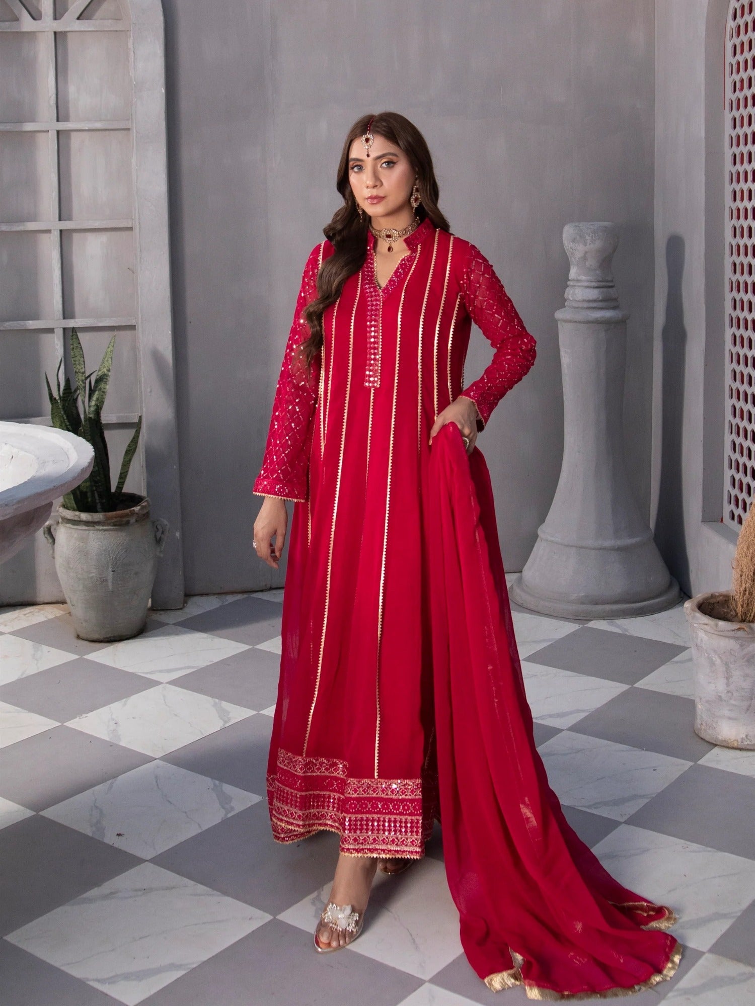 Pink Manahil Arts Chiffon Embroidered Stitched 3-Piece Maxi-Kurti 106-Shocking Pink