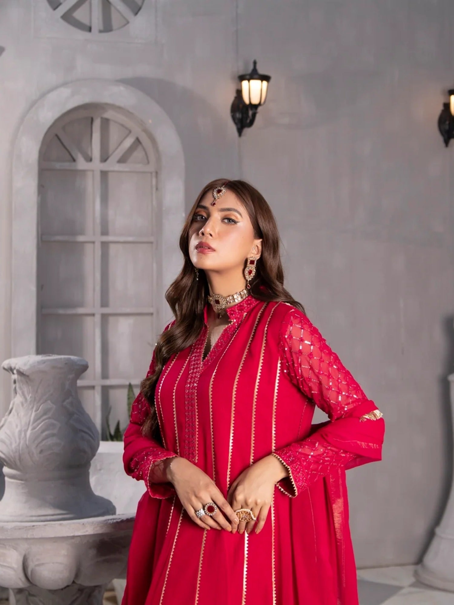 Pink Manahil Arts Chiffon Embroidered Stitched 3-Piece Maxi-Kurti 106-Shocking Pink