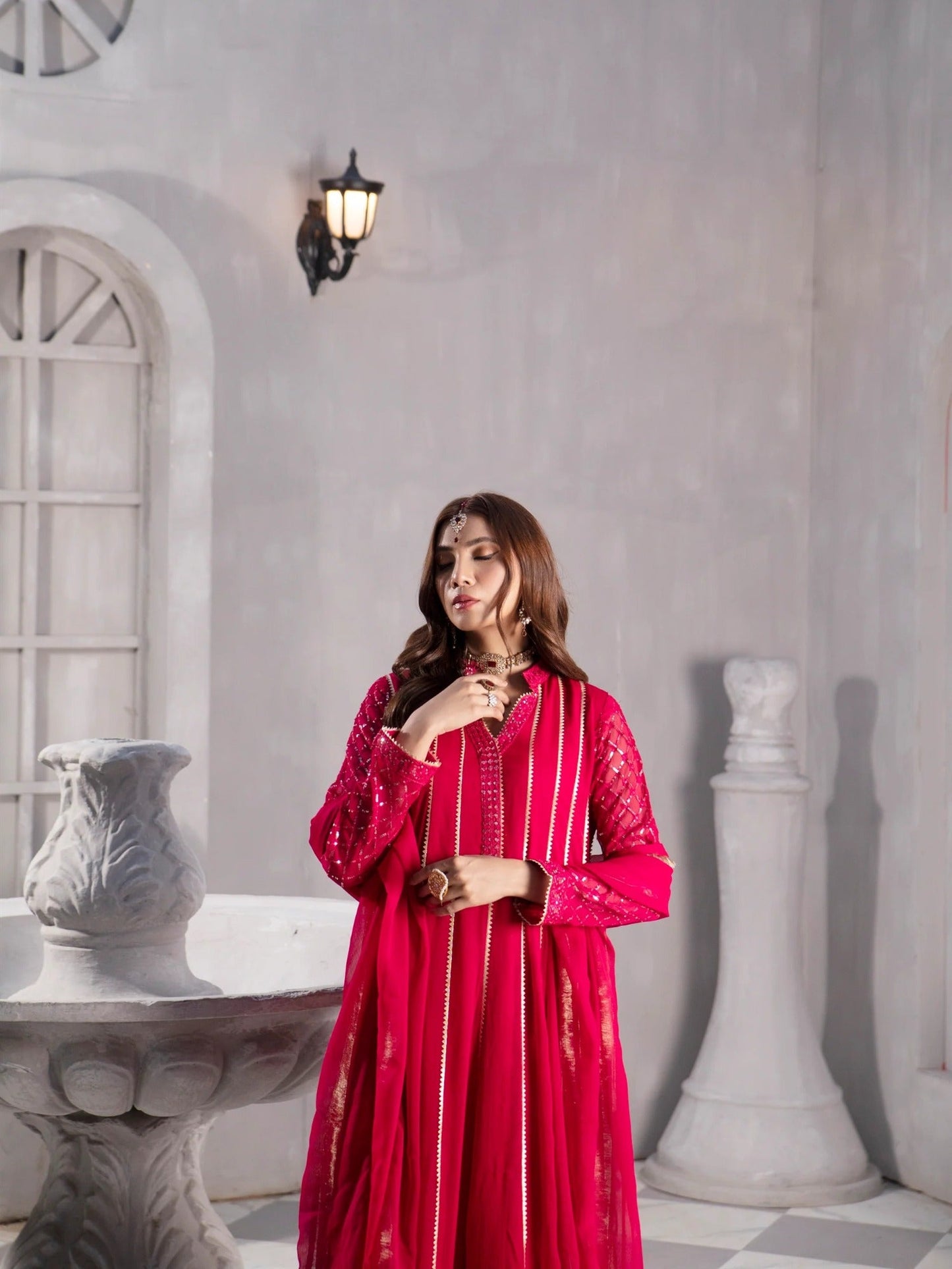 Pink Manahil Arts Chiffon Embroidered Stitched 3-Piece Maxi-Kurti 106-Shocking Pink