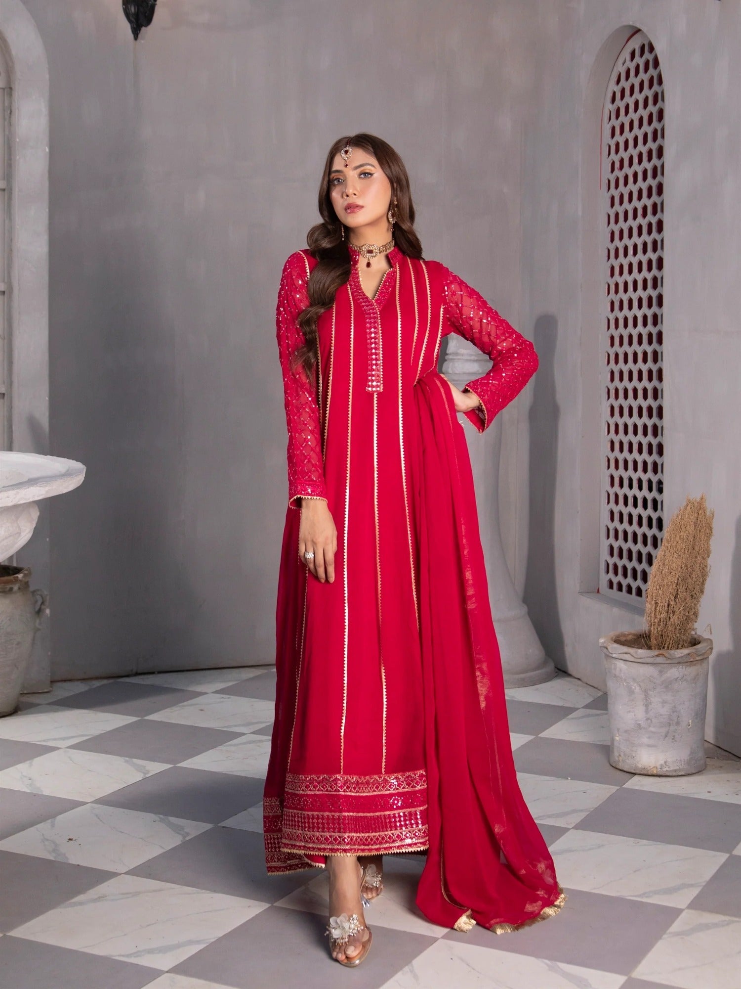 Pink Manahil Arts Chiffon Embroidered Stitched 3-Piece Maxi-Kurti 106-Shocking Pink