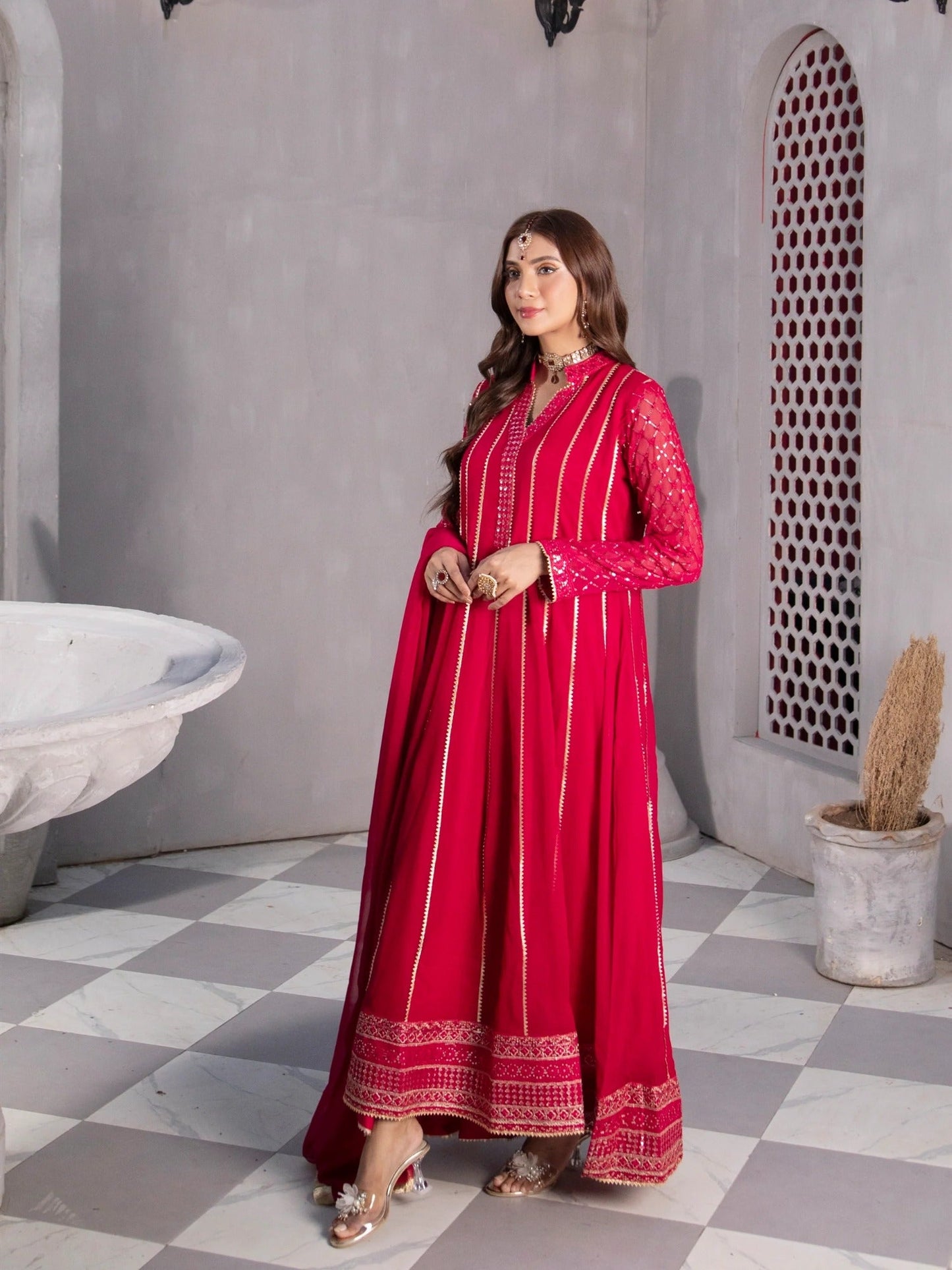 Pink Manahil Arts Chiffon Embroidered Stitched 3-Piece Maxi-Kurti 106-Shocking Pink