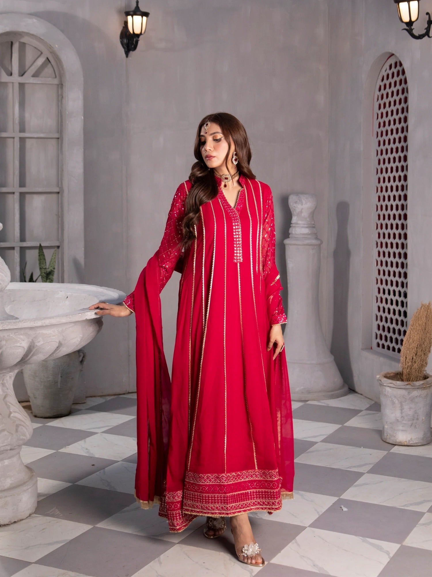 Pink Manahil Arts Chiffon Embroidered Stitched 3-Piece Maxi-Kurti 106-Shocking Pink