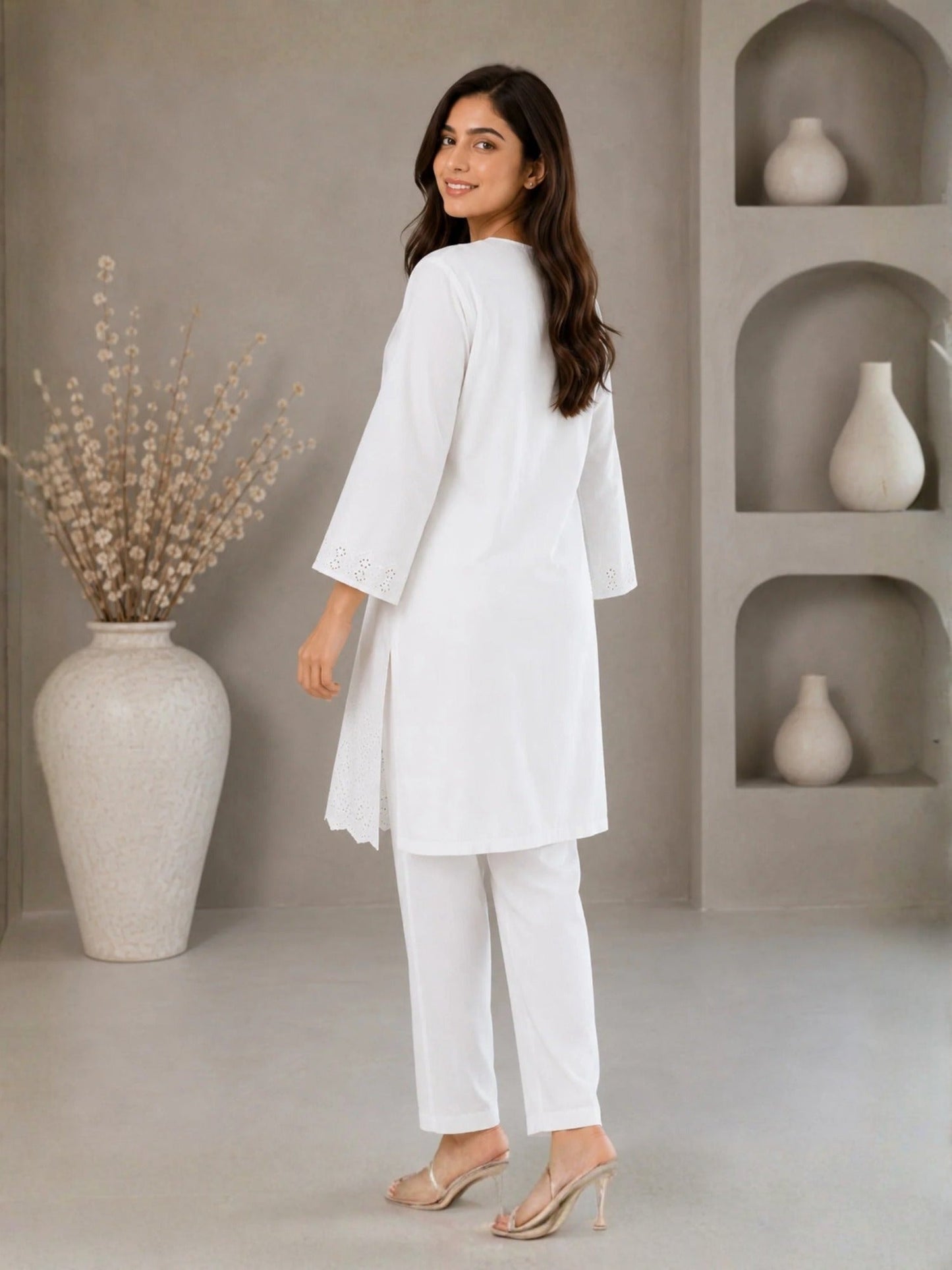 HEM Cotton Embroidered Stitched 3-Piece Suit-White ChikanKari Kurta Set with Zari Jacquard Dupatta