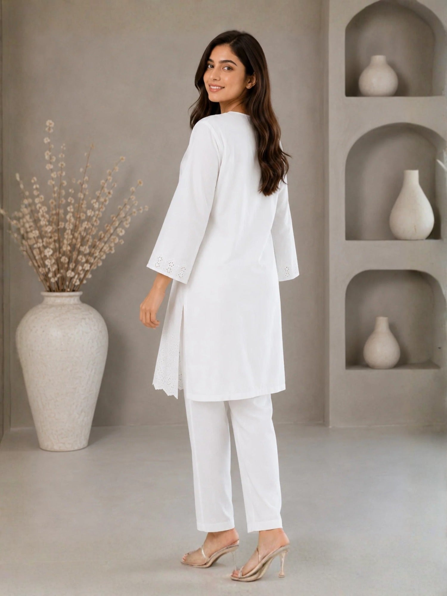 HEM Cotton Embroidered Stitched 3-Piece Suit-White ChikanKari Kurta Set with Zari Jacquard Dupatta