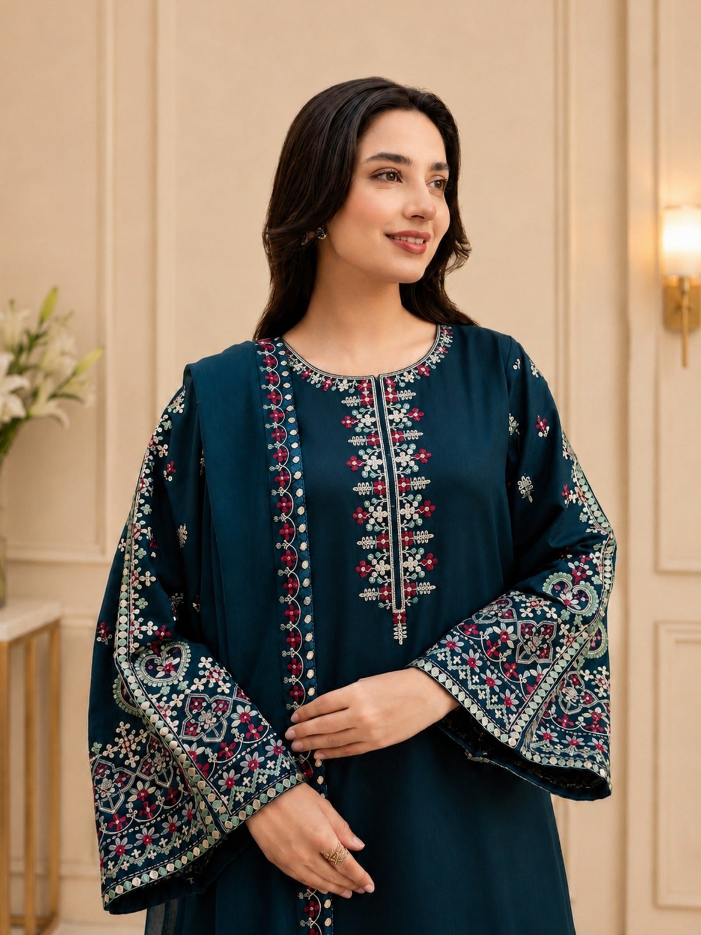 Blue Pyara Jora Lawn Embroidered Stitched 3-Piece Suit-Ocean Luxury 