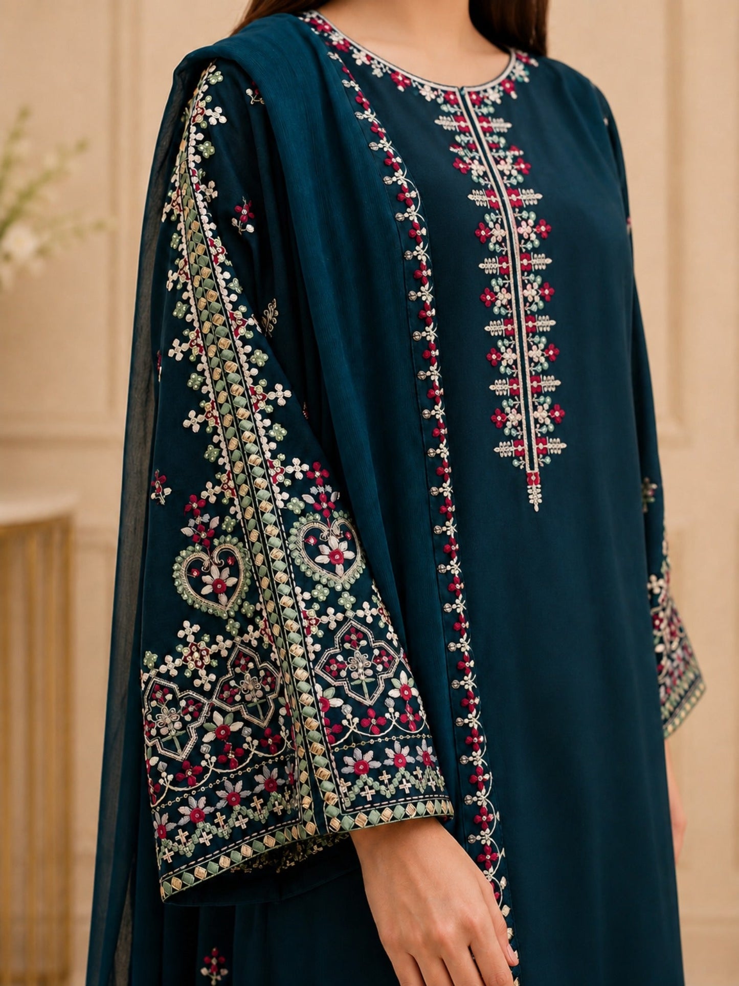 Blue Pyara Jora Lawn Embroidered Stitched 3-Piece Suit-Ocean Luxury 