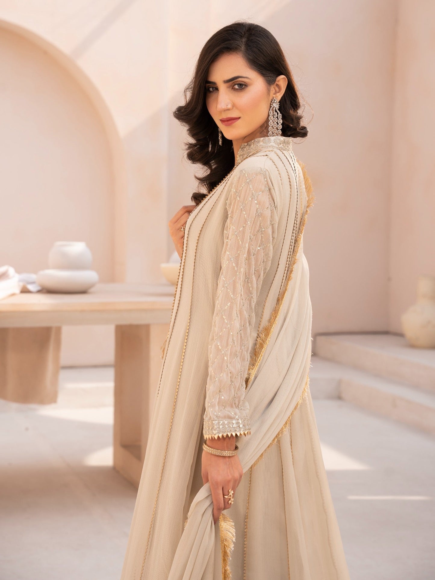 Beige HEM Chiffon Embellished Maxi-Kashish-Beige