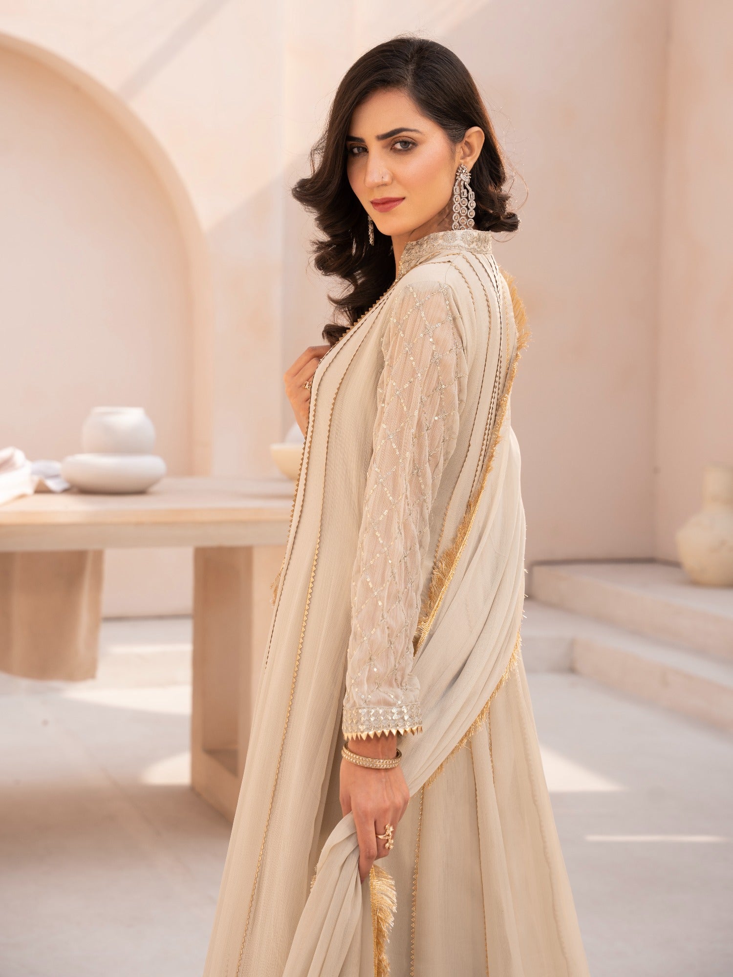 Beige HEM Chiffon Embellished Maxi-Kashish-Beige