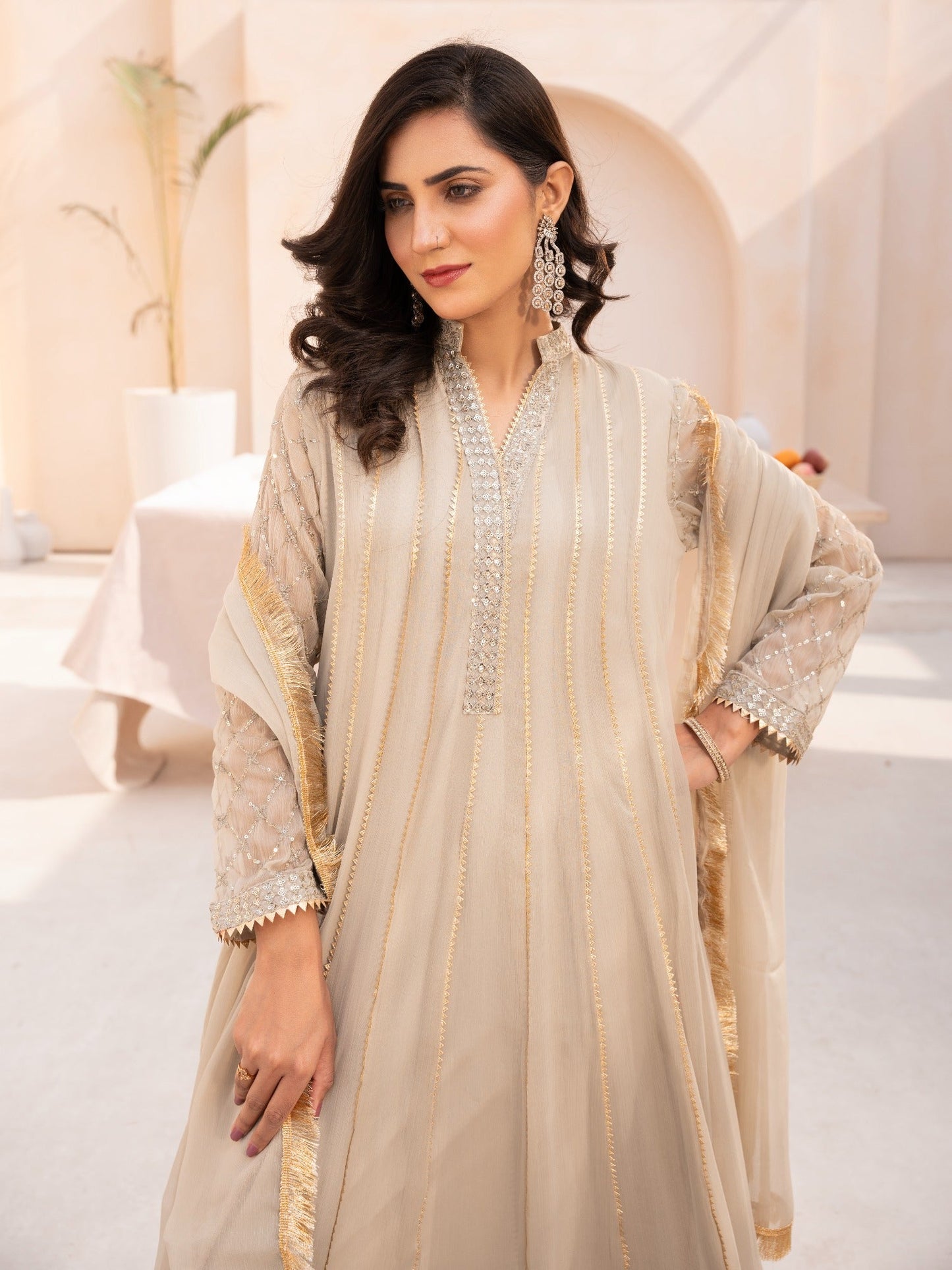 Beige HEM Chiffon Embellished Maxi-Kashish-Beige