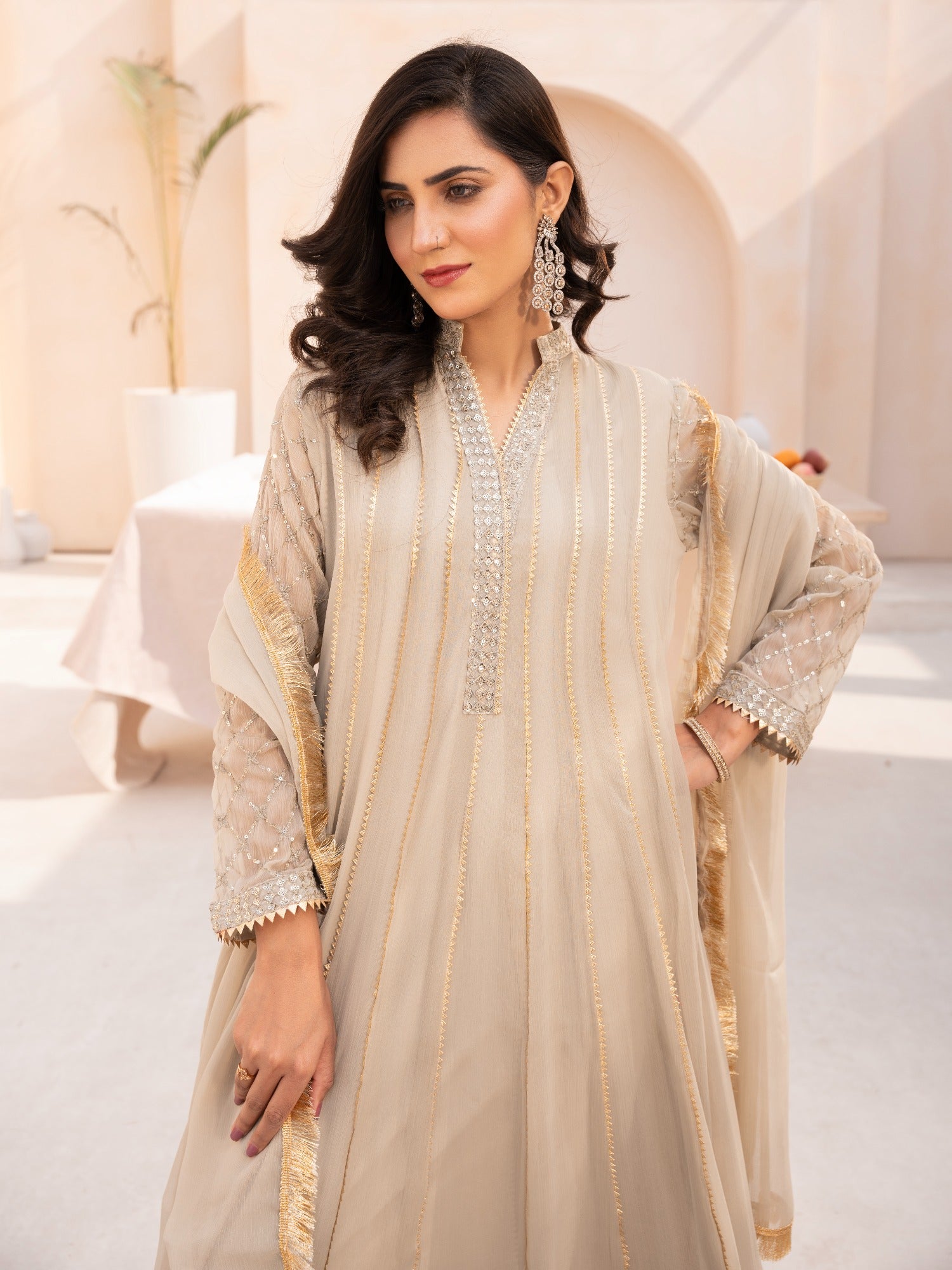 Beige HEM Chiffon Embellished Maxi-Kashish-Beige