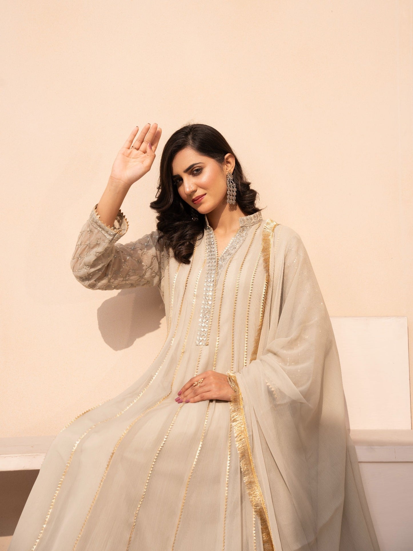 Beige HEM Chiffon Embellished Maxi-Kashish-Beige