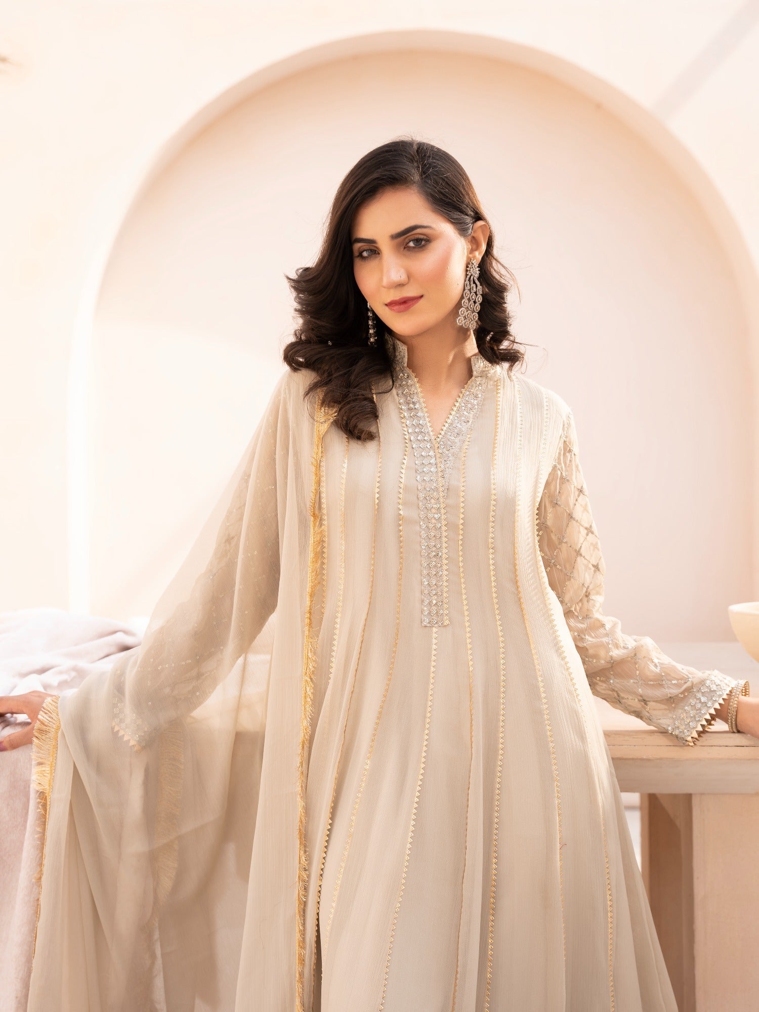 Beige HEM Chiffon Embellished Maxi-Kashish-Beige