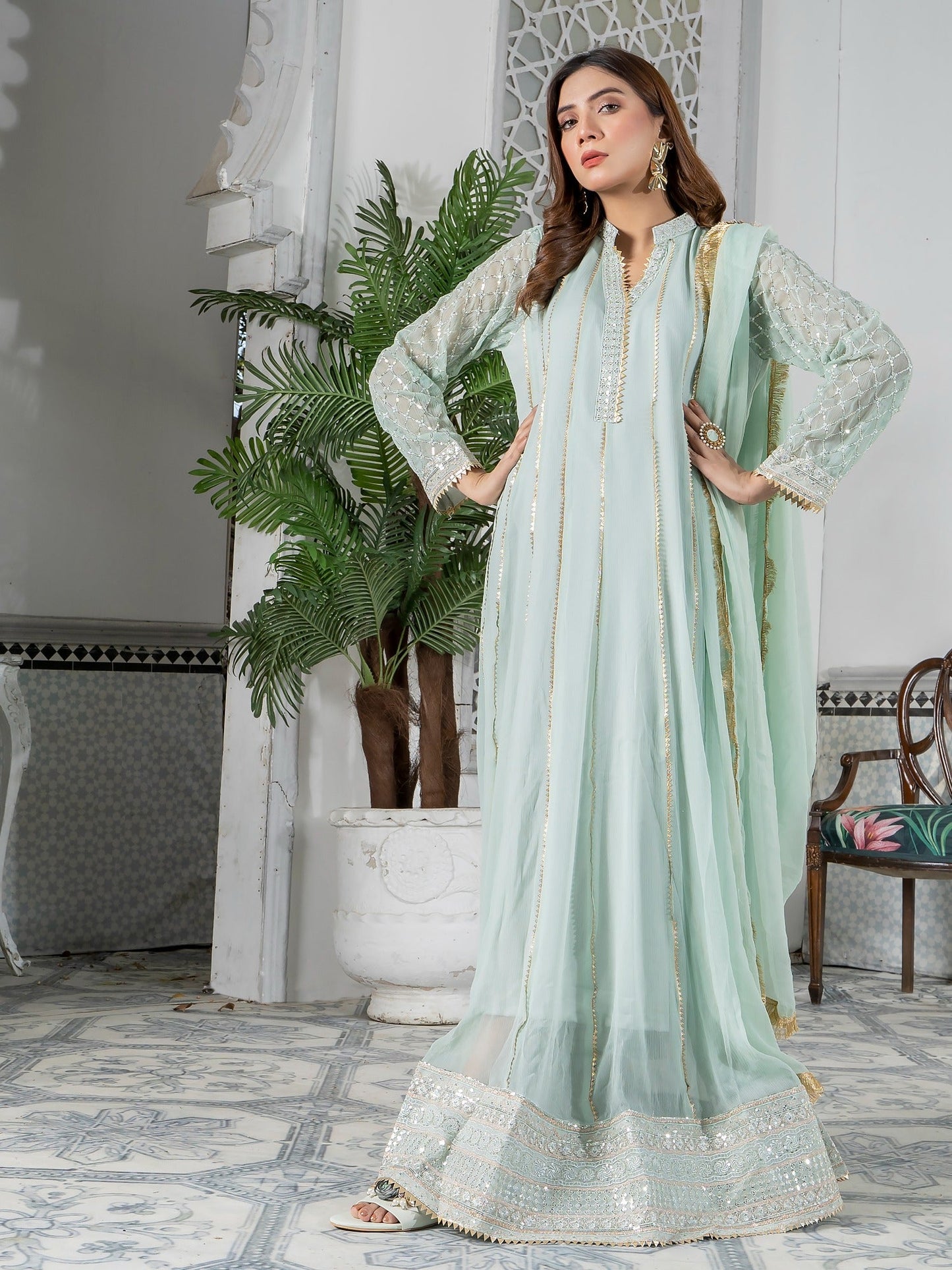 Mint Green HEM Chiffon Embellished Maxi-Kashish-Baby Pink
