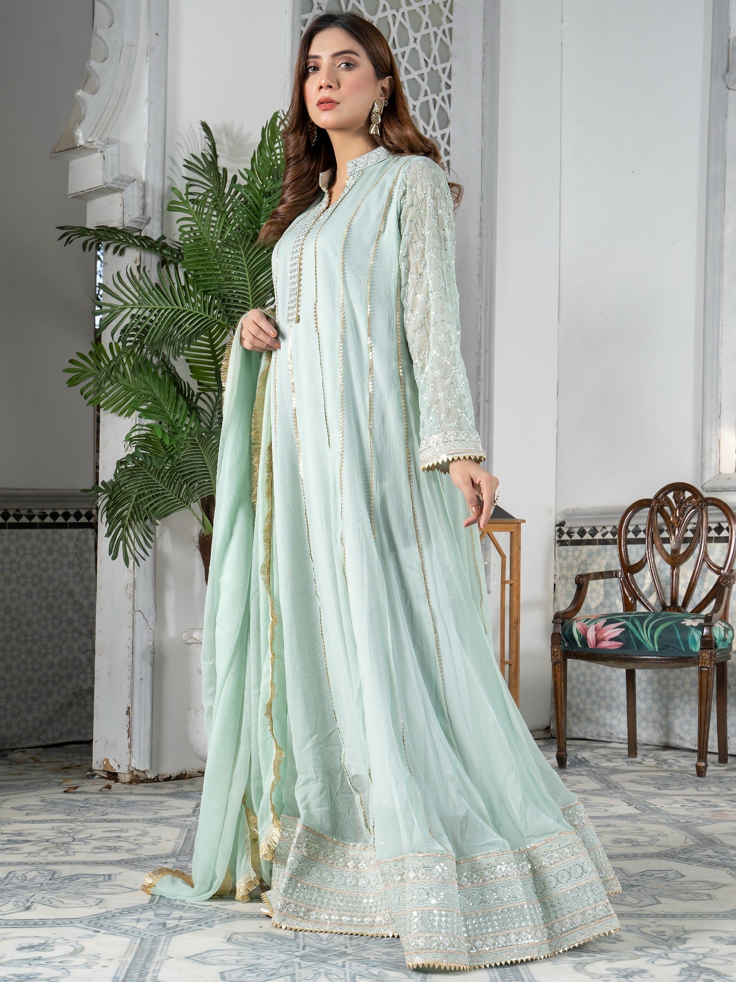 Mint Green HEM Chiffon Embellished Maxi-Kashish-Baby Pink