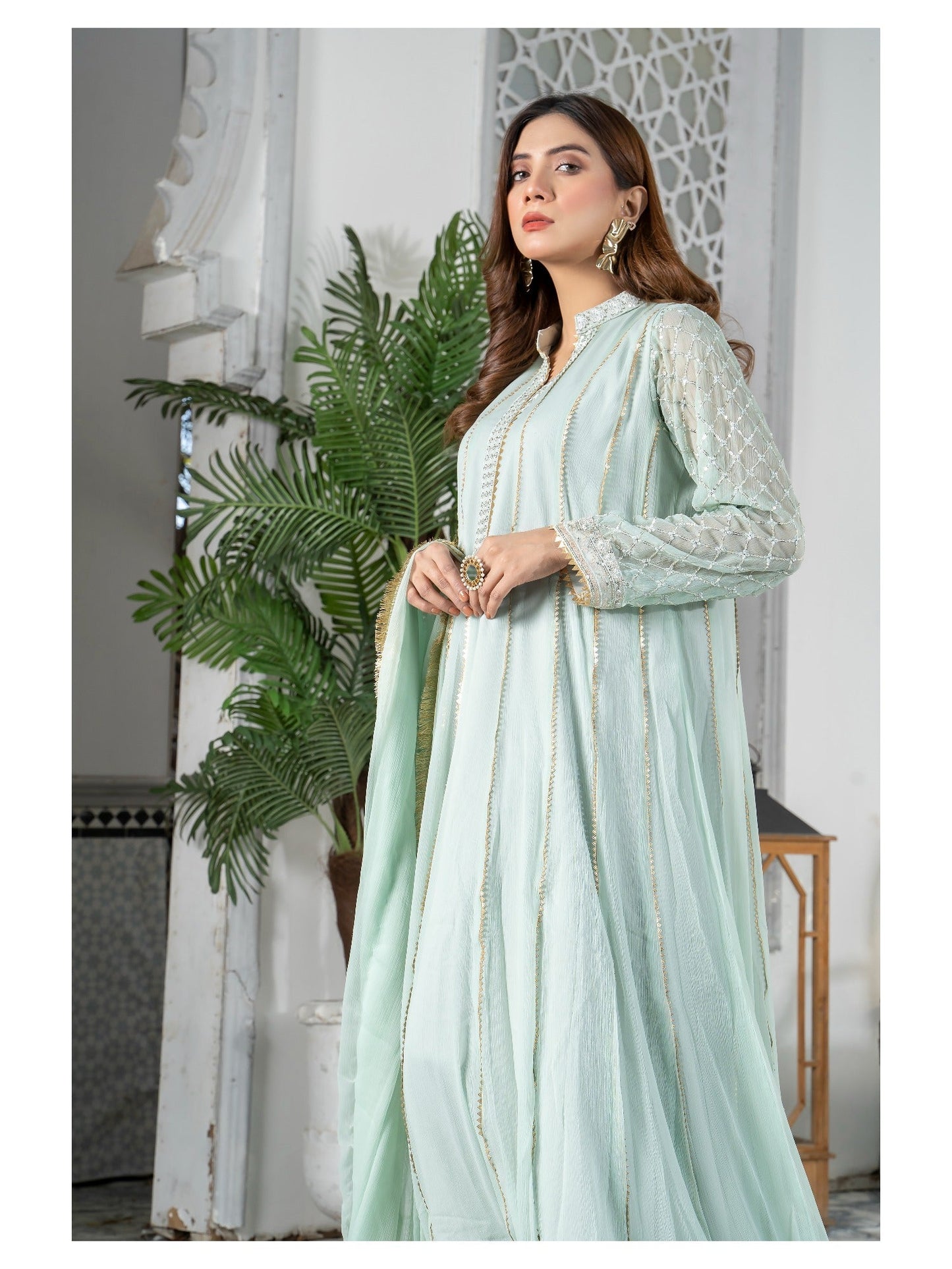 Mint Green HEM Chiffon Embellished Maxi-Kashish-Baby Pink
