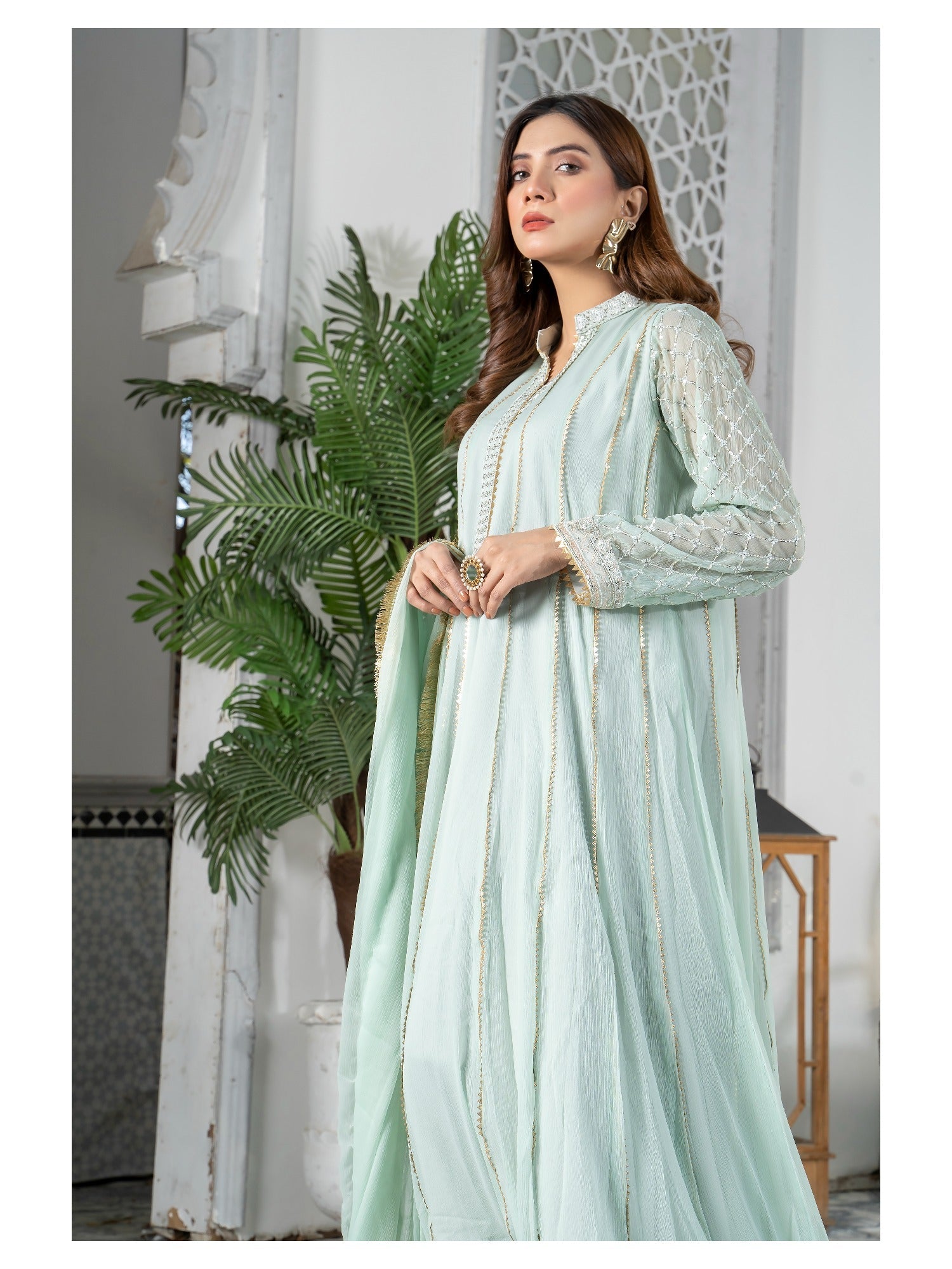 Mint Green HEM Chiffon Embellished Maxi-Kashish-Baby Pink