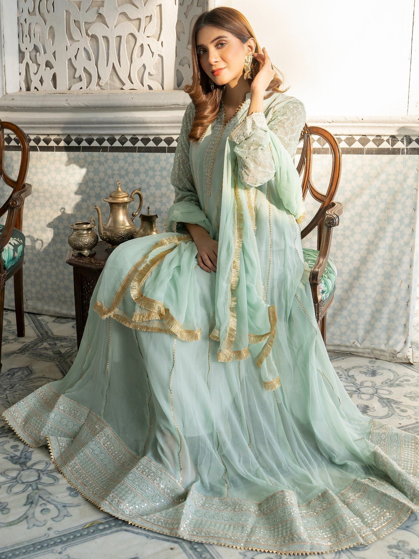 Mint Green HEM Chiffon Embellished Maxi-Kashish-Baby Pink