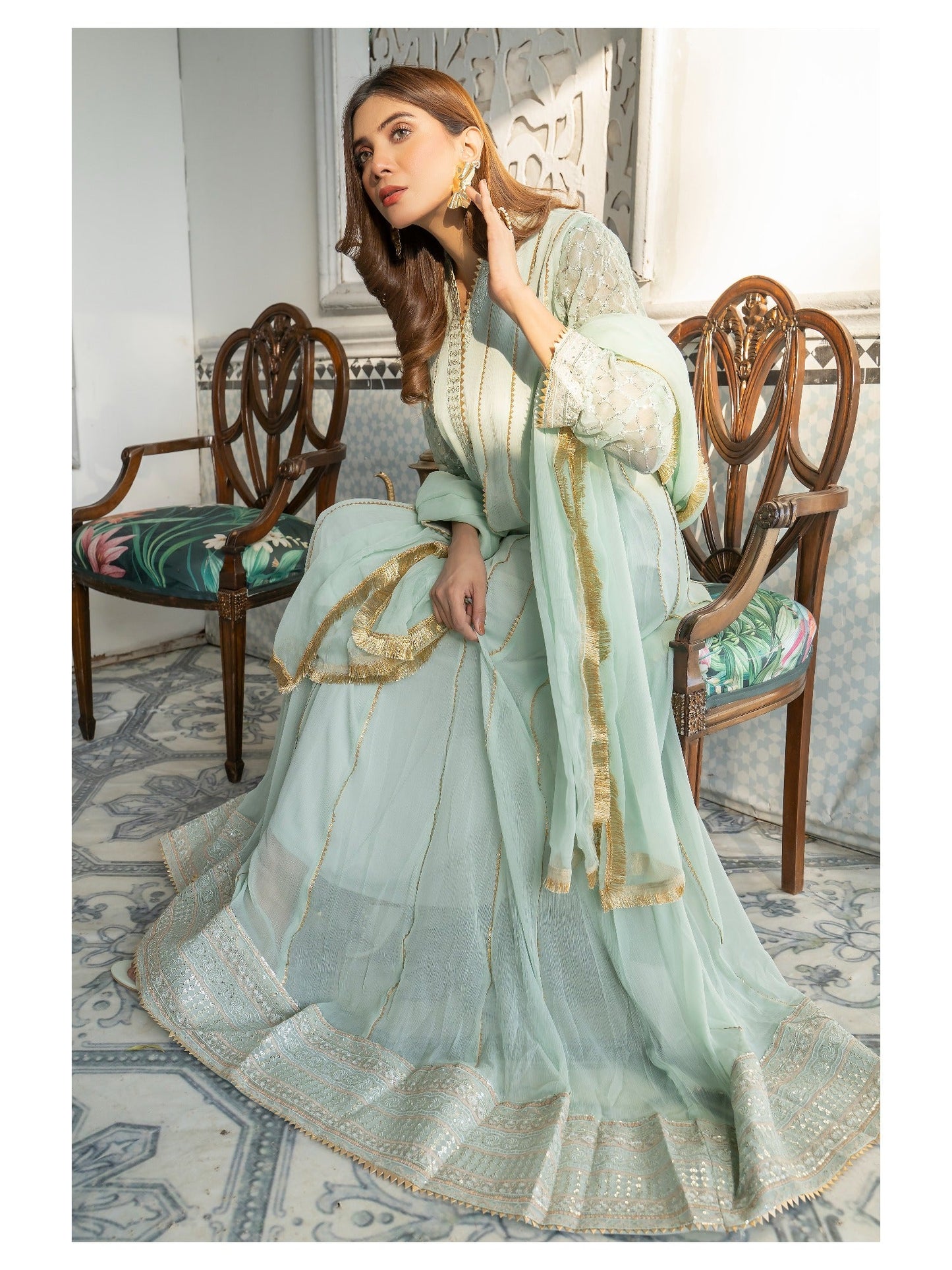Mint Green HEM Chiffon Embellished Maxi-Kashish-Baby Pink