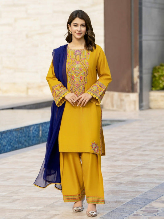 Yellow-Tehzeeb Libaas Lawn Embroidered Stitched 3-Piece Suit-Rangreza