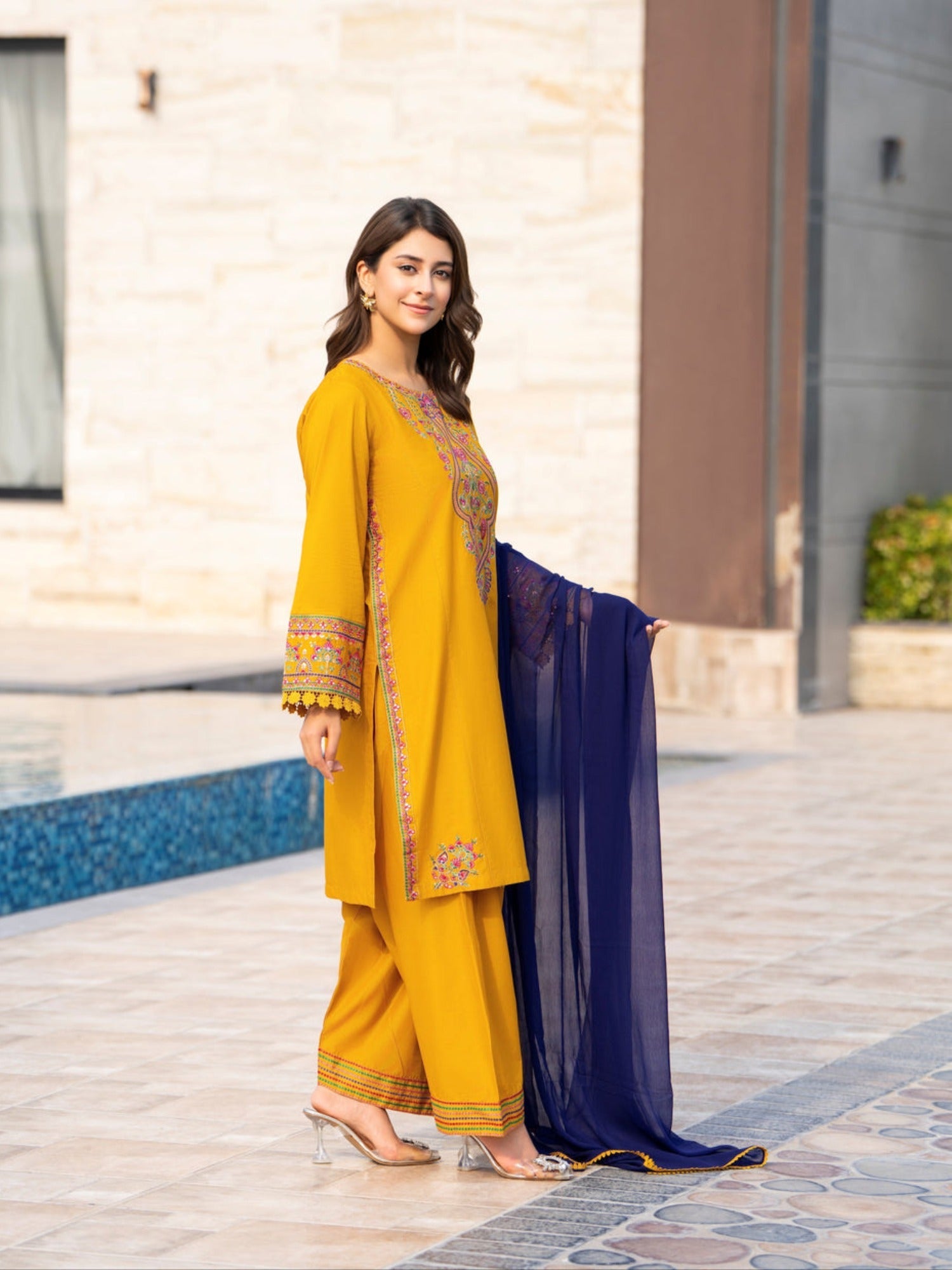 Yellow-Tehzeeb Libaas Lawn Embroidered Stitched 3-Piece Suit-Rangreza