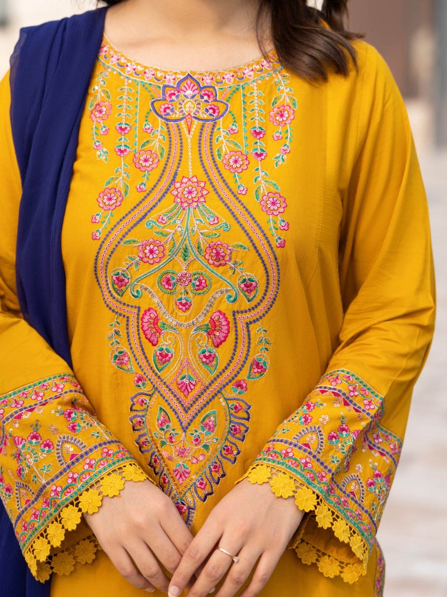 Yellow-Tehzeeb Libaas Lawn Embroidered Stitched 3-Piece Suit-Rangreza