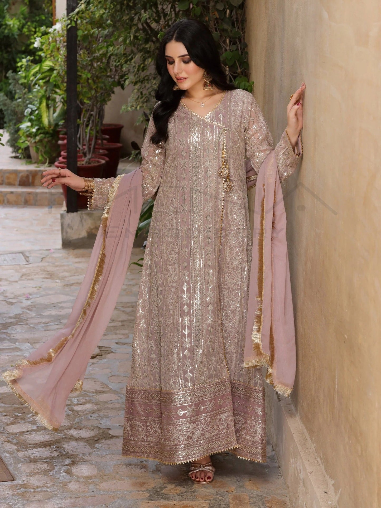 Lilac Manahil Arts Chiffon Embroidered Stitched 3-Piece Suit-Kurti 122-Divine-Lilac