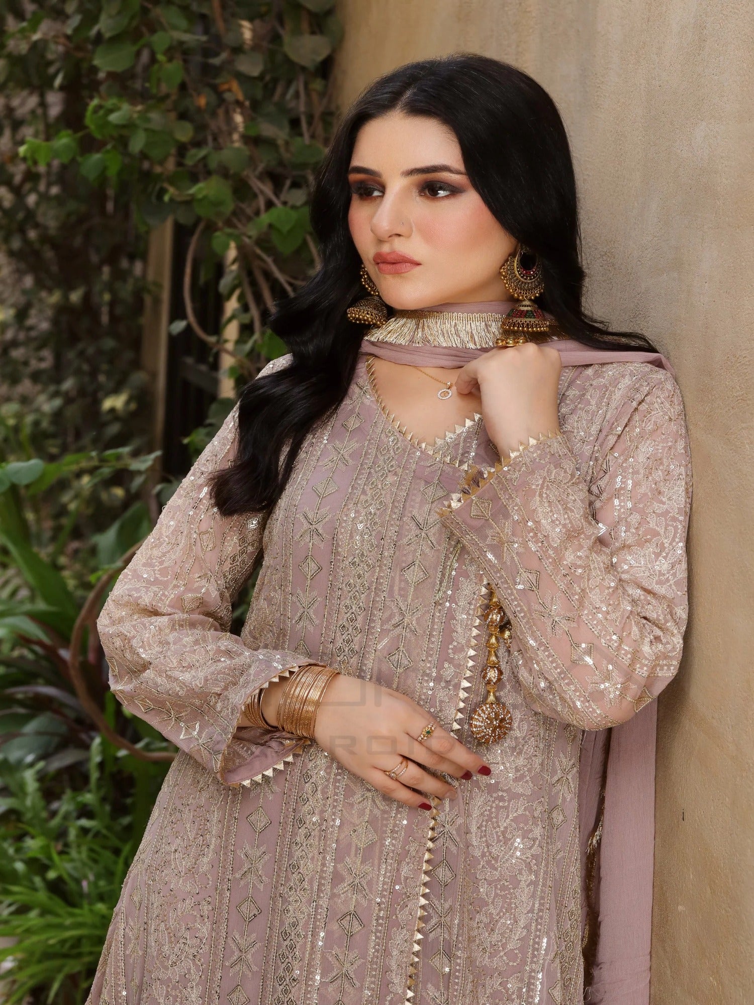 Lilac Manahil Arts Chiffon Embroidered Stitched 3-Piece Suit-Kurti 122-Divine-Lilac